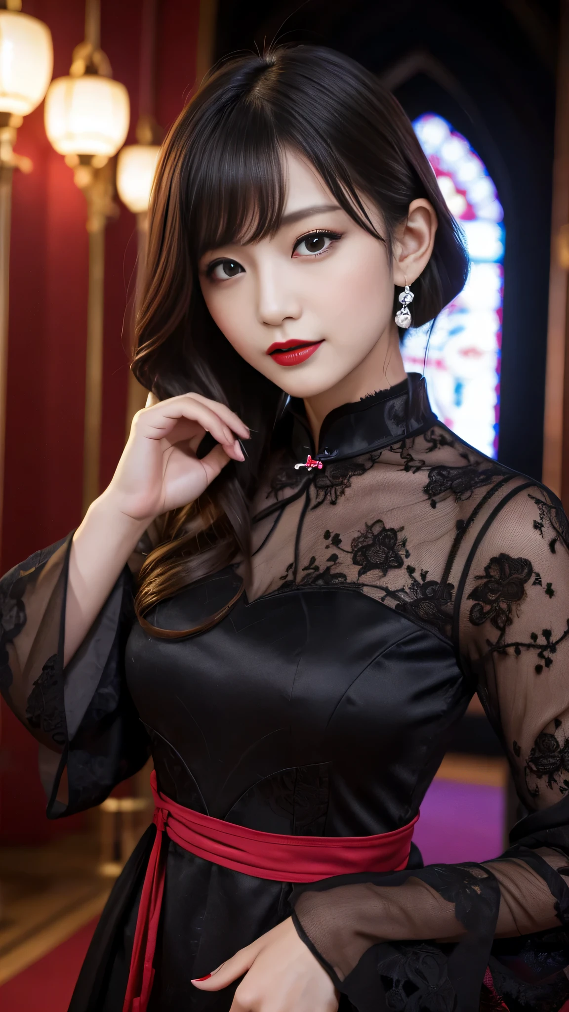 Super detailed、Japanese、charming beauty、seductive adult woman、Beautiful woman、sharp eyes、cool girl、wavy hair、long black cheongsam、wide sleeve、evilの幹部、evil depravity、brainwashing、Mind control、apply lipstick、grin、evilな表情、evil、empty eyes、evil、church at night、vampire、vampire、Hypnosia makeup brush