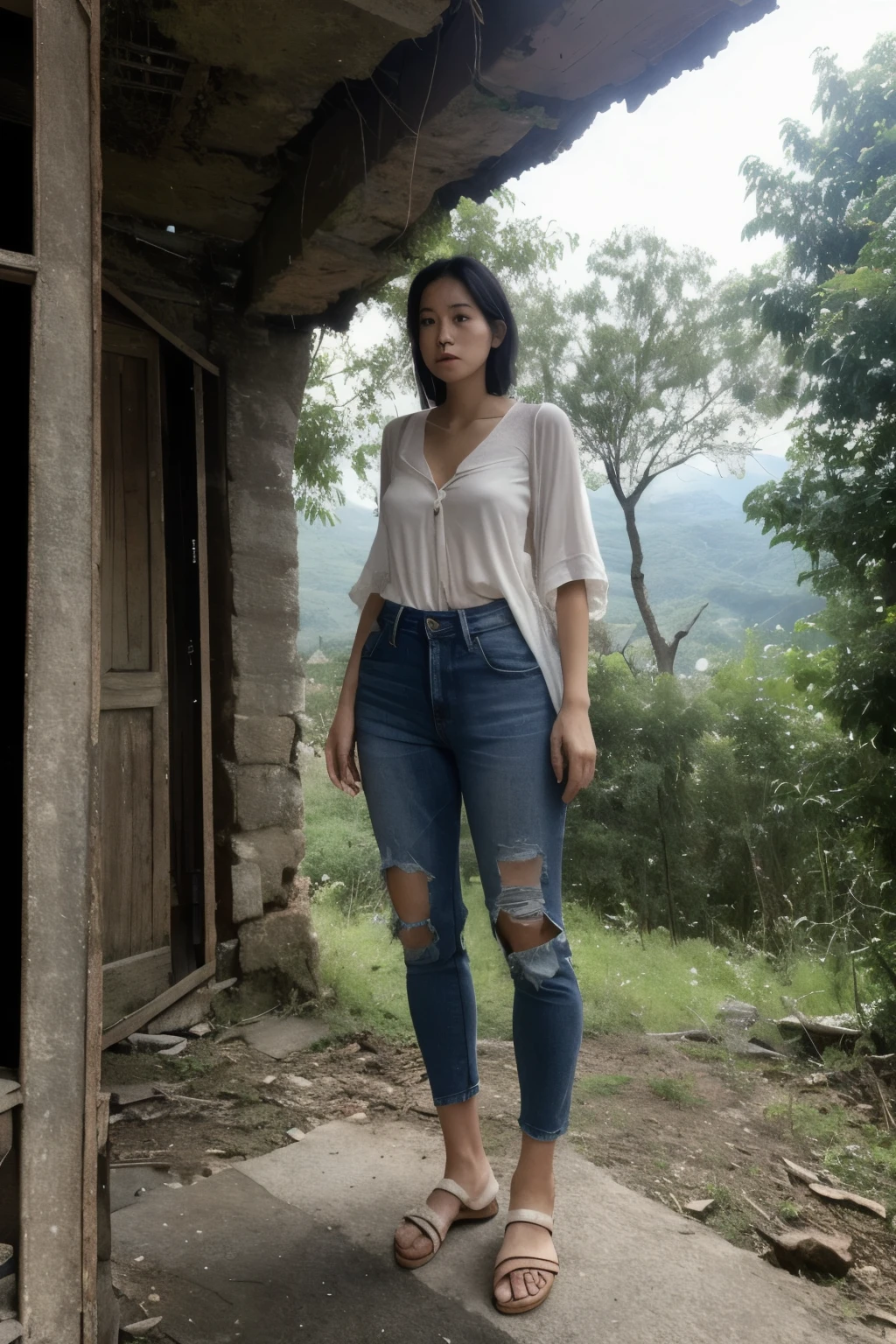 Thai woman, regarde le spectateur, cheveux longs, chemise, jeans, nuage, jour, ciel,en plein air, post-apocalypse, Ruines, paysage, arbre, Eau,