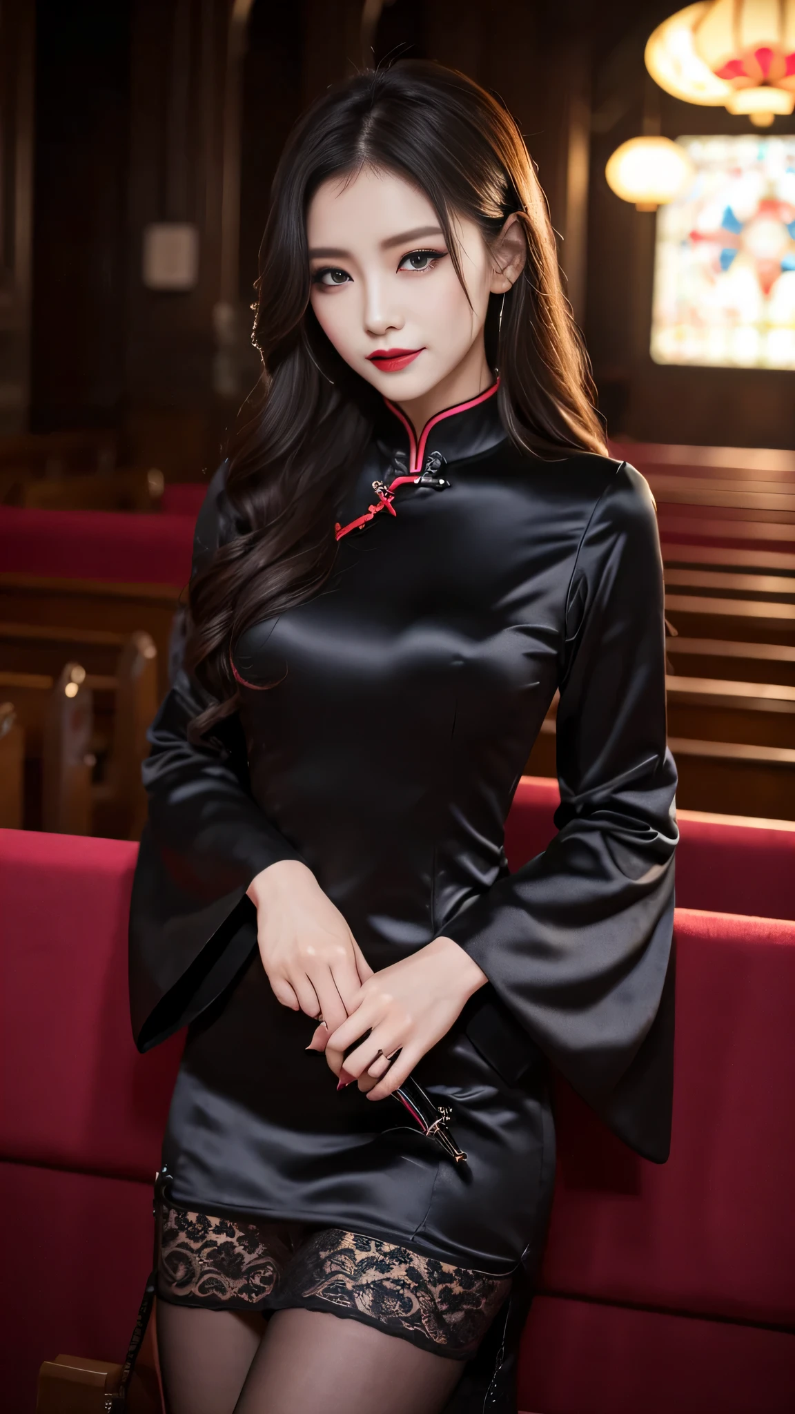 Super detailed、Japanese、charming beauty、seductive adult woman、Beautiful woman、sharp eyes、cool girl、wavy hair、long black cheongsam、wide sleeve、evilの幹部、evil depravity、brainwashing、Mind control、apply lipstick、grin、evilな表情、evil、empty eyes、evil、church at night、vampire、vampire、Hypnosia makeup brush