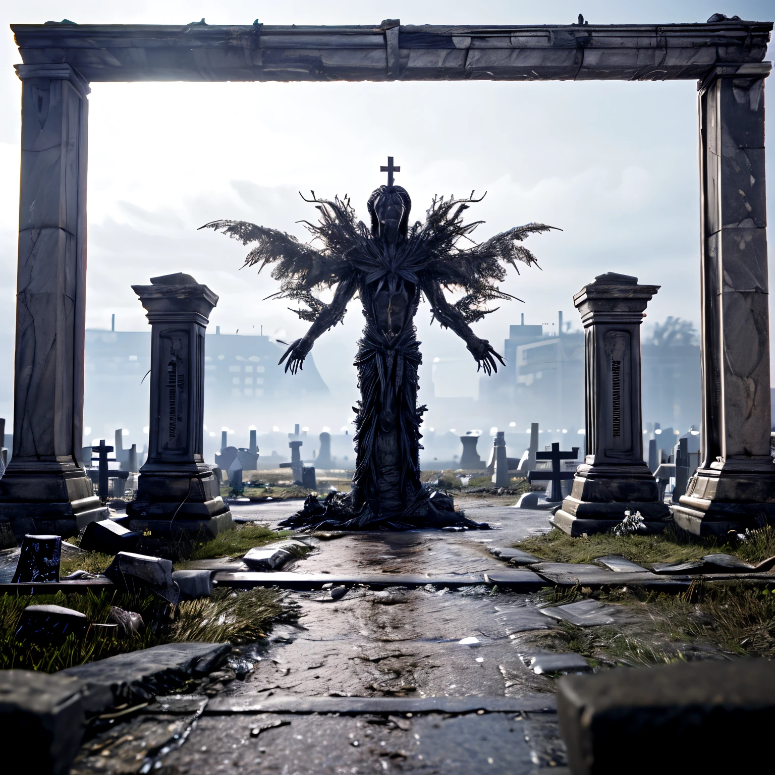 ((melhor qualidade)), ((obra de arte)), (detalhado), cemetery, vazio, liminal space surreal, cinematic, wide shot, frame, lua, cinematic, realista, far, dark, full , 16mm, horizontal, trapper, Gothic, white skin, stabilishing shot, no closeup, distante, em cemetery, funebre, arquitetura, noite, enterro, vfx, 4k, Psychedelic, satanic, demon, night, detalhado
