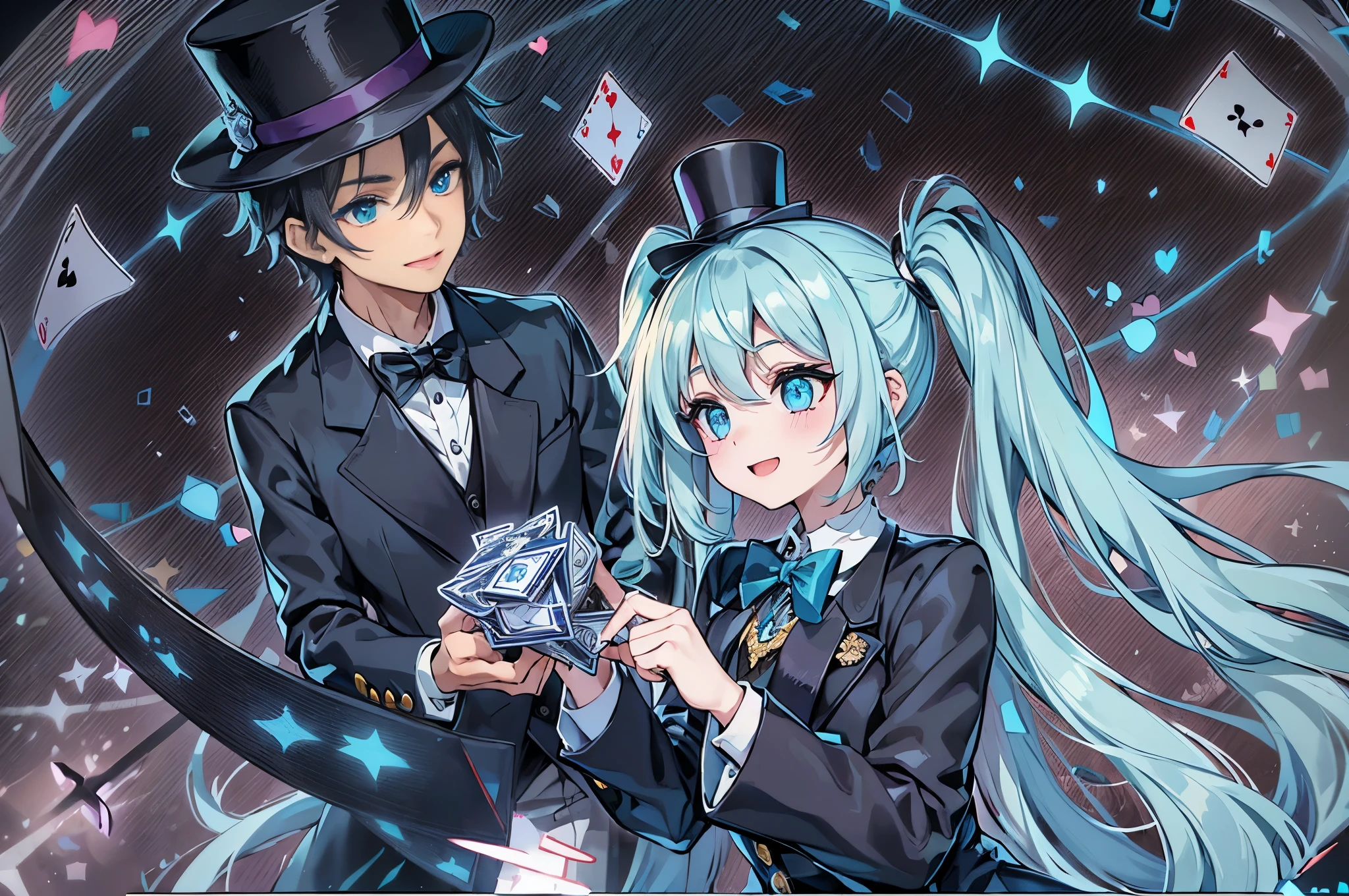 A stage decorated with flowers、light blue long hair、Beautiful girl with twin tails、adorable smile、black eye、赤と白のtuxedo、playing cards、white dove flies out、magic show、illusion、playing cardsマン((masterpiece)), ((highest quality)), ((highest quality)), (Illustration of one girl), Emerald green long hair, (((expensive)), (white skin),, Blue eyeliner, ((Makeup with a heart symbol around the left eye)), ((tuxedo)), (top hat)), clown, (circus)
