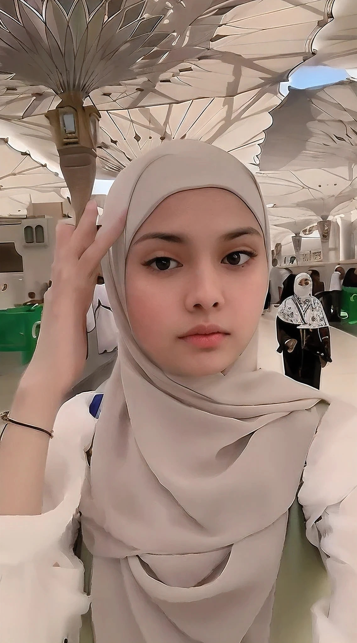 there is a woman wearing a hijab in a large building, 8k selfie photograph, hijab, dilraba dilmurat, taken with sony alpha 9, white hijab, shot on nikon z9, perfect face ), malaysian, with accurate face, pale-skinned persian girl, selfie shot straight on angle, in a mall, 1 8 yo, sakimi chan