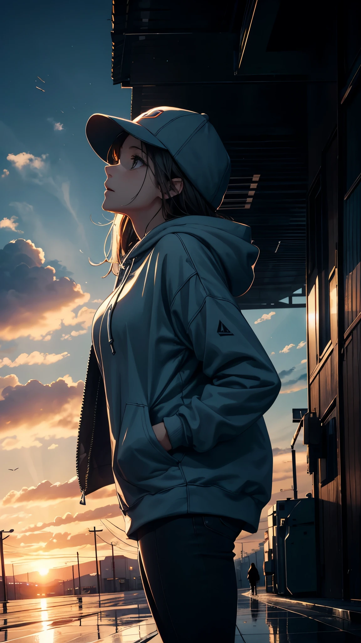 cinematic artwork of a woman walking alone, (she is looking up:1, wearing a hoodie, wearing a sports hat, laughing, hands in the pocket, professional image), cinematic atmosphere, semi-realistic, [:(perfect face, expressive face,expressive eyes):8], detailed textures, uhd, reflections, low angle, at the sunset, hair in the wind, breathtaking, alone, solitude, relaxed atmosphere, cozy, (freedom feeling), gorgeous sky, dynamic angle, wet floor. volumetric clouds, upper body shot, 8k, masterpiece, anime masterwork, wallpaer, award winner,
