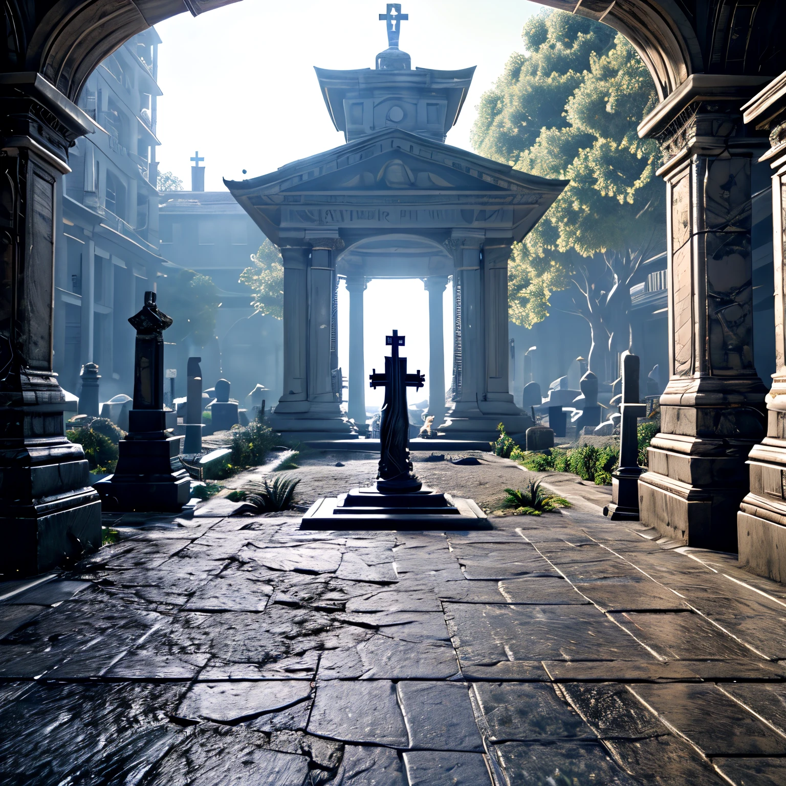 ((melhor qualidade)), ((obra de arte)), (detalhado), cemetery, vazio, liminal space surreal, cinematic, wide shot, frame, lua, cinematic, realista, far, dark, full , 16mm, horizontal, trapper, Gothic, white skin, stabilishing shot, no closeup, distante, em cemetery, funebre, arquitetura, noite, enterro, vfx, 4k, Psychedelic, satanic, demon, night, detalhado