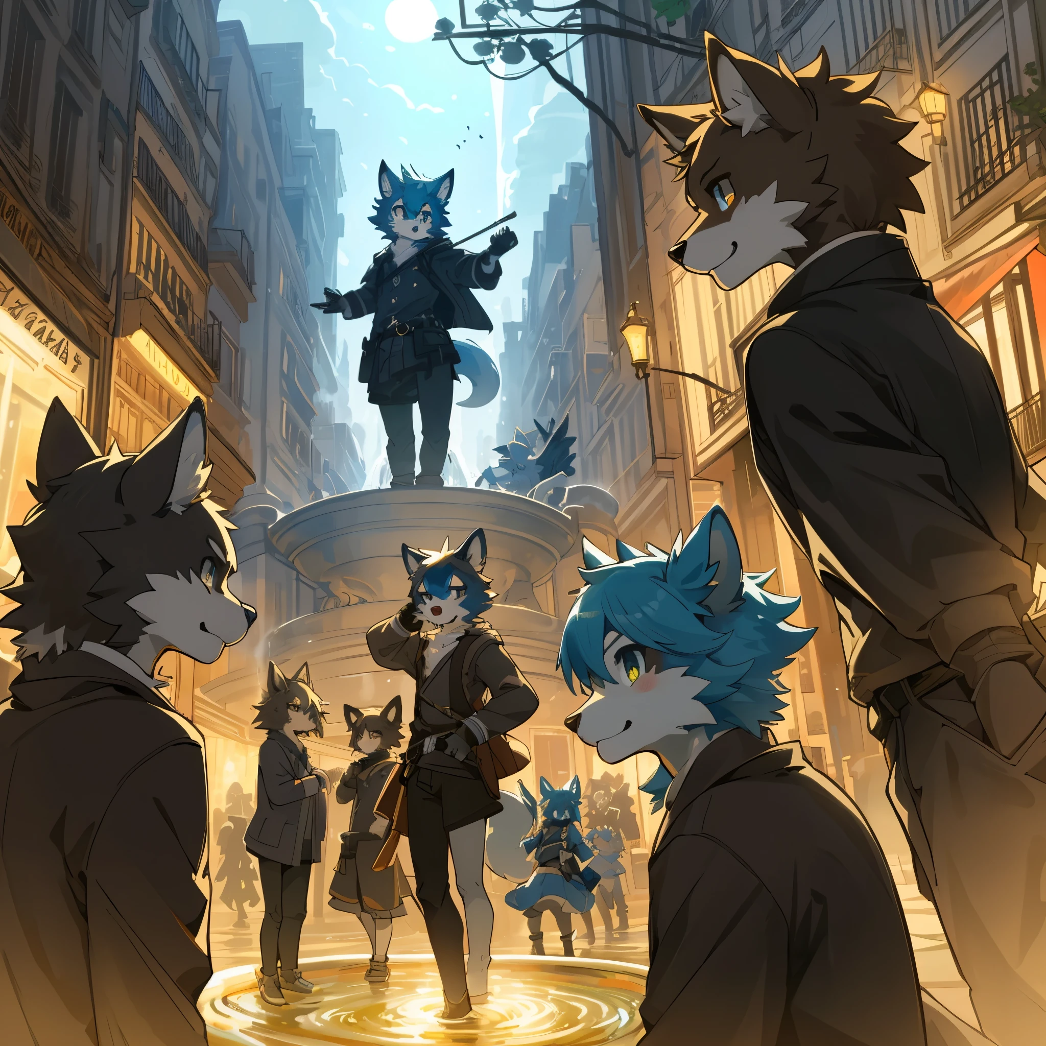 top quality, best quality, High-quality illustrations, masterpiece, super high resolution, detailed background, Streets of Paris, The fountain, 6+boys, 6+girls, absurdres(highly detailed beautiful face and eyes)perfect anatomy, expression, good lighting, cinematic shadow(kemono, furry anthro)assorted poses, dynamic angle,