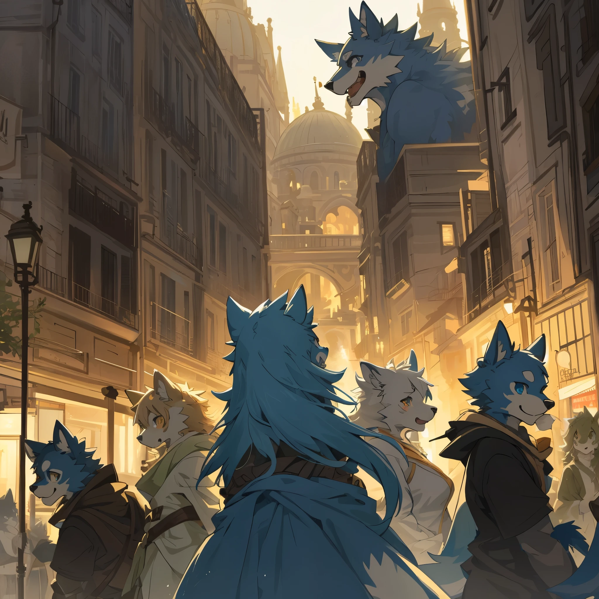 top quality, best quality, High-quality illustrations, masterpiece, super high resolution, detailed background, Streets of Paris, The fountain, 6+boys, 6+girls, absurdres(highly detailed beautiful face and eyes)perfect anatomy, expression, good lighting, cinematic shadow(kemono, furry anthro)assorted poses, dynamic angle,