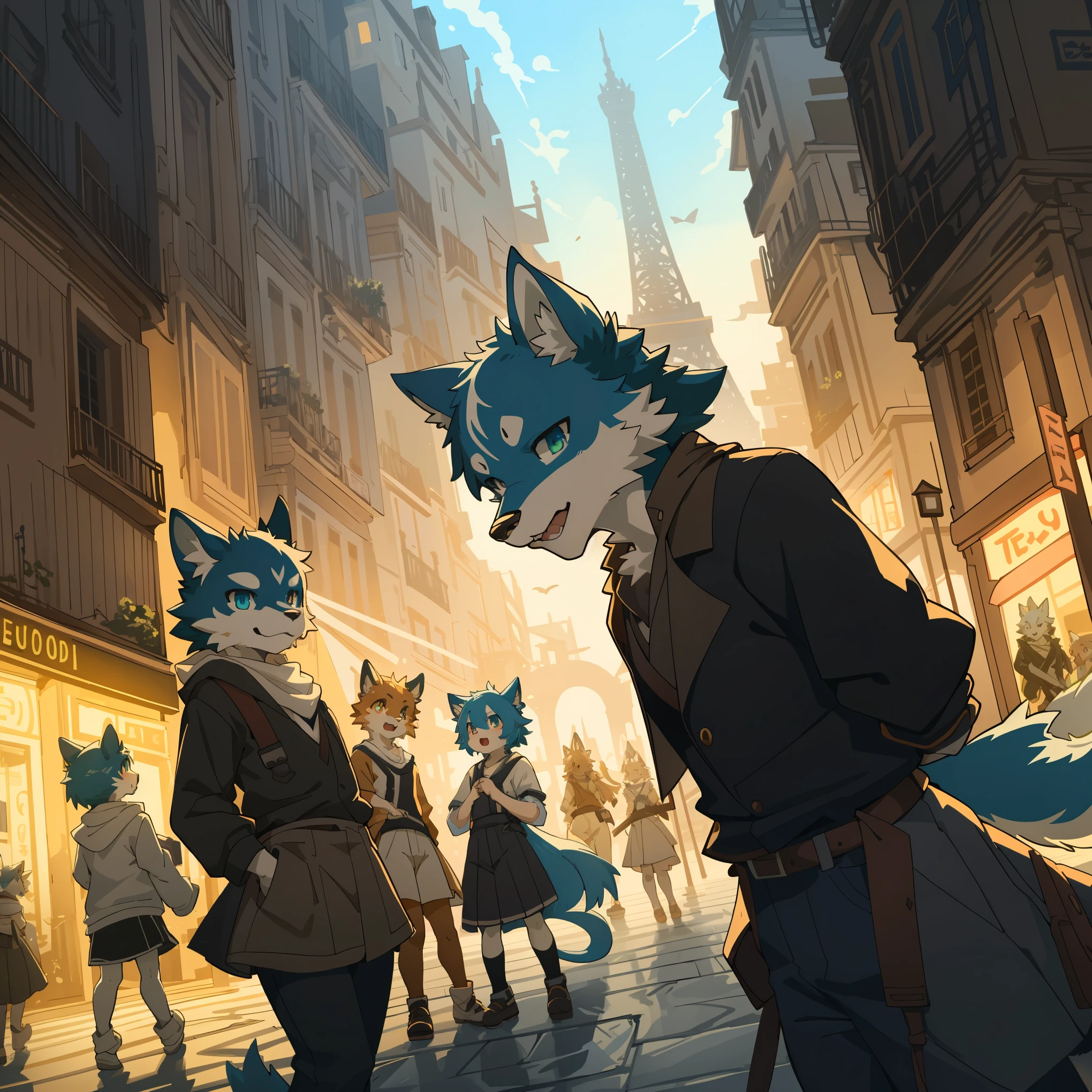 top quality, best quality, High-quality illustrations, masterpiece, super high resolution, detailed background, Streets of Paris, The fountain, 6+boys, 6+girls, absurdres(highly detailed beautiful face and eyes)perfect anatomy, expression, good lighting, cinematic shadow(kemono, furry anthro)assorted poses, dynamic angle,