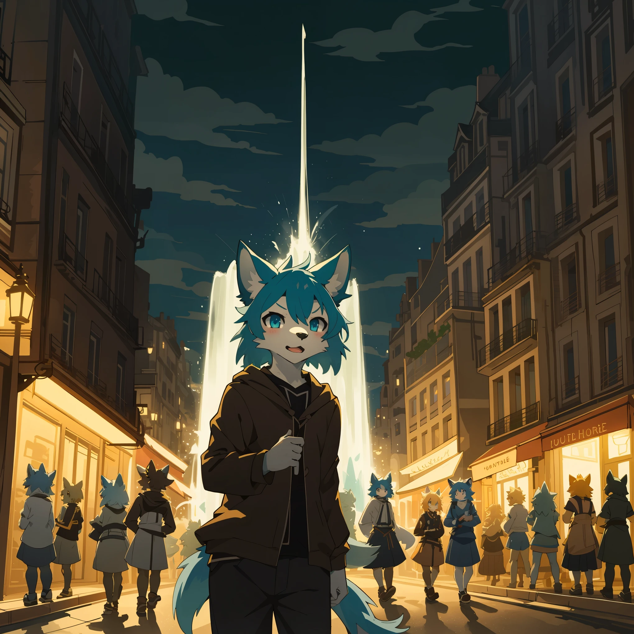 top quality, best quality, High-quality illustrations, masterpiece, super high resolution, detailed background, Streets of Paris, The fountain, 6+boys, 6+girls, absurdres(highly detailed beautiful face and eyes)perfect anatomy, expression, good lighting, cinematic shadow(kemono, furry anthro)assorted poses, dynamic angle,