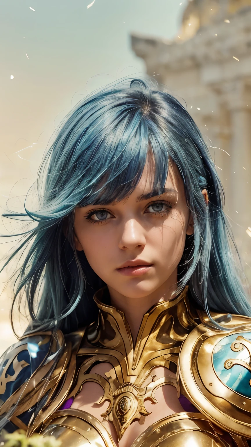 Masterpiece. Half-body portrait. She is the Taurus Knights of Zodiac warrior. A beautiful young woman (1 girl) about 20 years old. powerful look. Imposing appearance. Long light blue hair, straight hair, ((messy)) hair, ((hair bangs)). (Bangs). hair blowing in the air. Ice Cristals light emerging for her right hand. ((big purple eyes)). Delicate lips, delicate nose. Delicate face. warrior clothes. Golden full medieval armor. Turquoise corselet and purple tide pants. Leather boots. Greek temples ruins background at night, with a starry sky. Multicolor aura around her.
