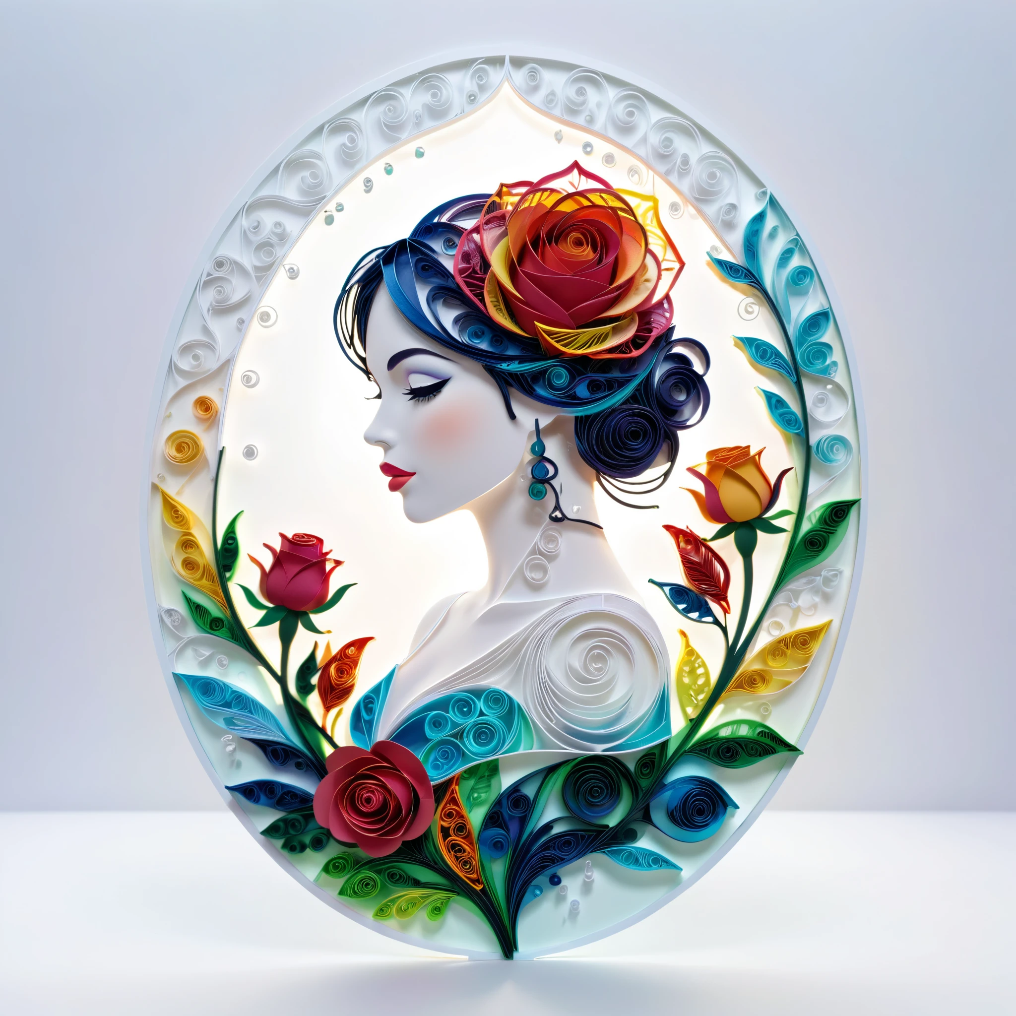 (hologram:1.5),Transparency Glass, silhouette of a beautiful woman,Colorful rose,in the winter,White background,paper art,quilling paper art,zentangle, geomerty,3D render, Cinematic lighting effects