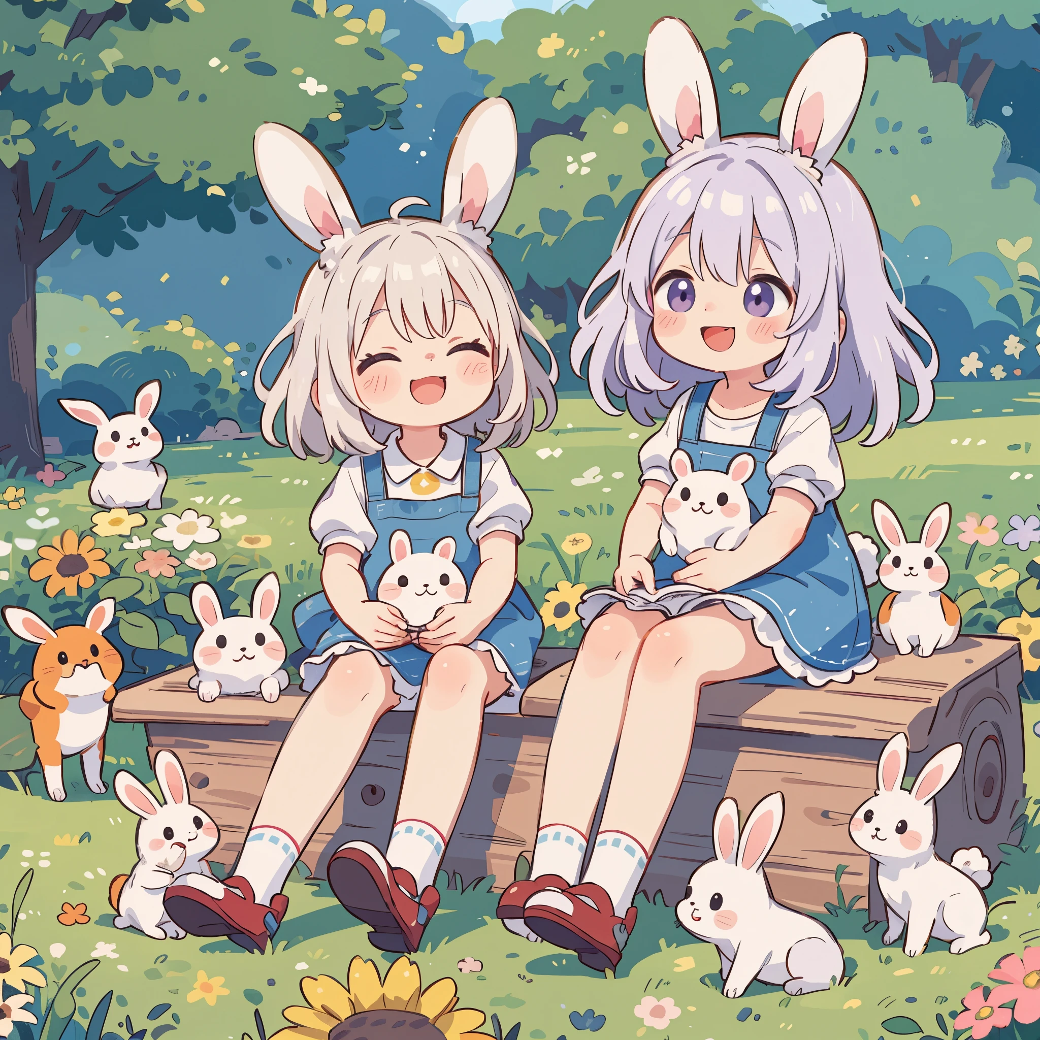 CGI, ultradetailliert, sweet rabbit, umgeben von Blumen, Lachen, best quality, high resolution, Komplizierte Details, Fantasie, cute animal, Lila, Humorvoll, Happy
