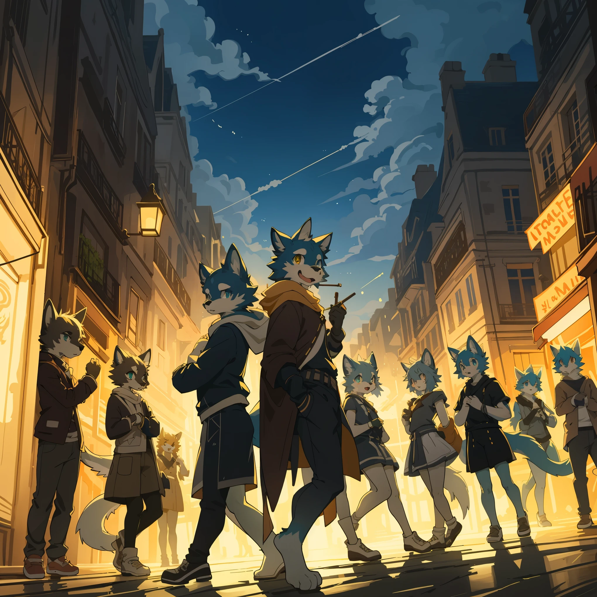 top quality, best quality, High-quality illustrations, masterpiece, super high resolution, detailed background, Streets of Paris, The fountain, 6+boys, 6+girls, absurdres(highly detailed beautiful face and eyes)perfect anatomy, expression, good lighting, cinematic shadow(kemono, furry anthro)assorted poses, dynamic angle,