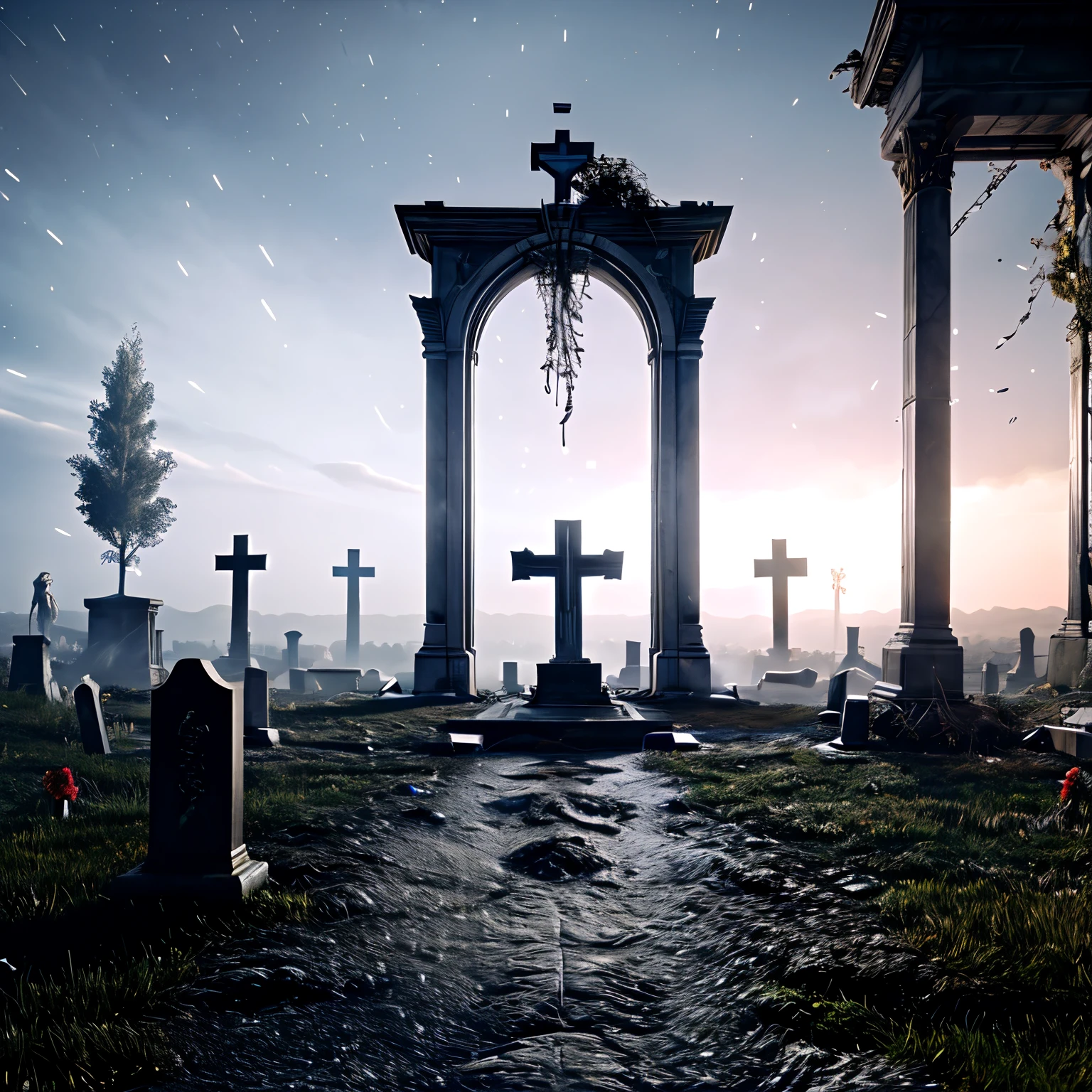 ((melhor qualidade)), ((obra de arte)), (detalhado), cemetery, vazio, liminal space surreal, cinematic, wide shot, frame, lua, cinematic, realista, far, dark, full , 16mm, horizontal, trapper, Gothic, white skin, stabilishing shot, no closeup, distante, em cemetery, funebre, arquitetura, noite, enterro, vfx, 4k, Psychedelic, satanic, demon, night, detalhado
