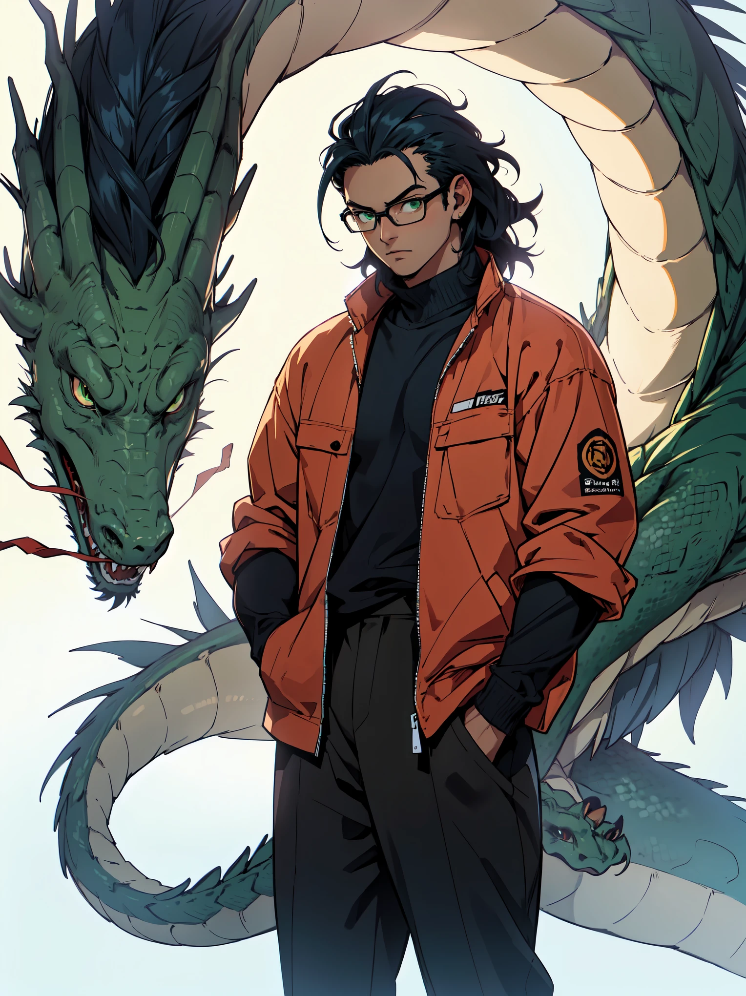 The prompt for the first theme is: (best quality, ultra-detailed, realistic), 1 man, dark skin, long dark blue hair, square glasses, green eyes, hand in pocket, black pants, Dragon Ball style.
Please note that the prompt should be in a single line, without any explanations or additional sentences.