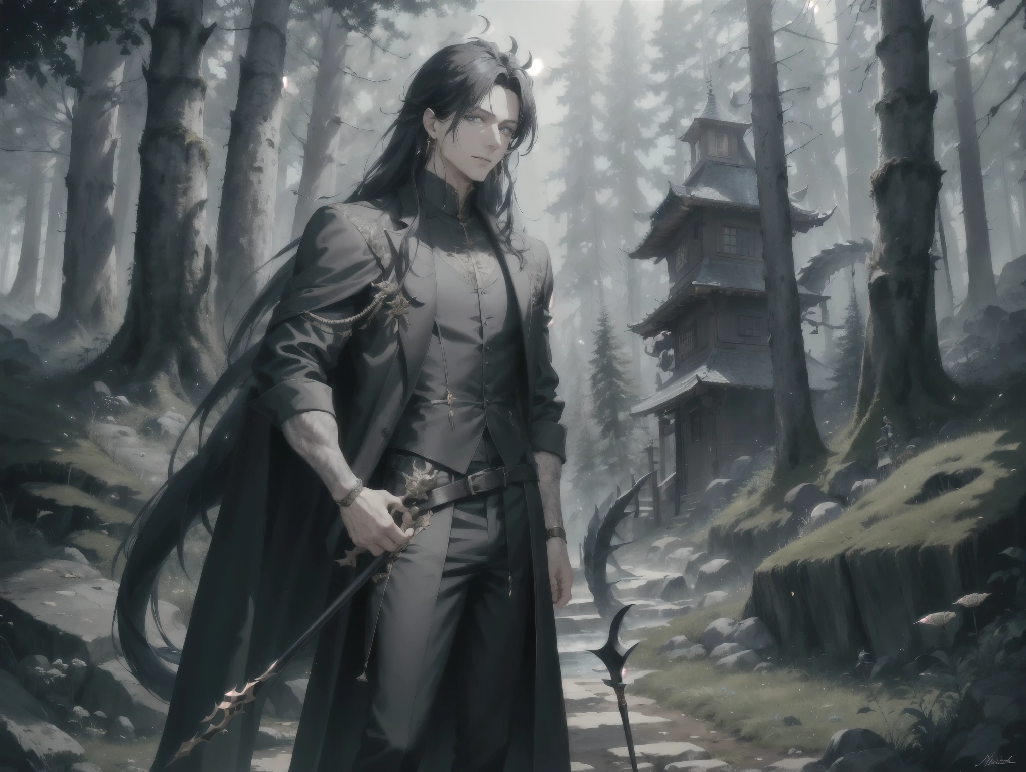 Masterpiece: 1.6, best quality: 1.4, live image: 1.2, intricate details: 1.2, charturnerv2: 1.2,
Appearance: (1male character) Male: 1.25, thin: 1.3, light blue eyes, detailed eyes, quality eyes, laughing, fighting a dragon, dragon ears,
Clothing: black adventurers robe with rolled up sleeves, black pants
Accessories: simple earrings, Staff,
Hair: black hair, long hair,
Makeup: natural, shiny skin,
(forest background: 1.3) (1Male)