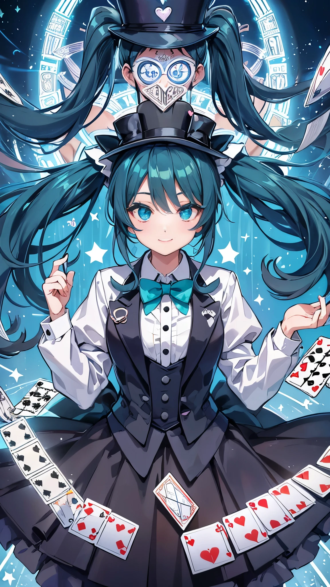 light blue long hair、Beautiful girl with twin tails、adorable smile、black eye、赤と白のtuxedo、playing cards、white dove flies out、magic show、illusion、playing cardsマン((masterpiece)), ((highest quality)), ((highest quality)), (Illustration of one girl), Emerald green long hair, (((expensive)), (white skin),, Blue eyeliner, ((Makeup with a heart symbol around the left eye)), ((tuxedo)), (top hat)), clown, (circus)