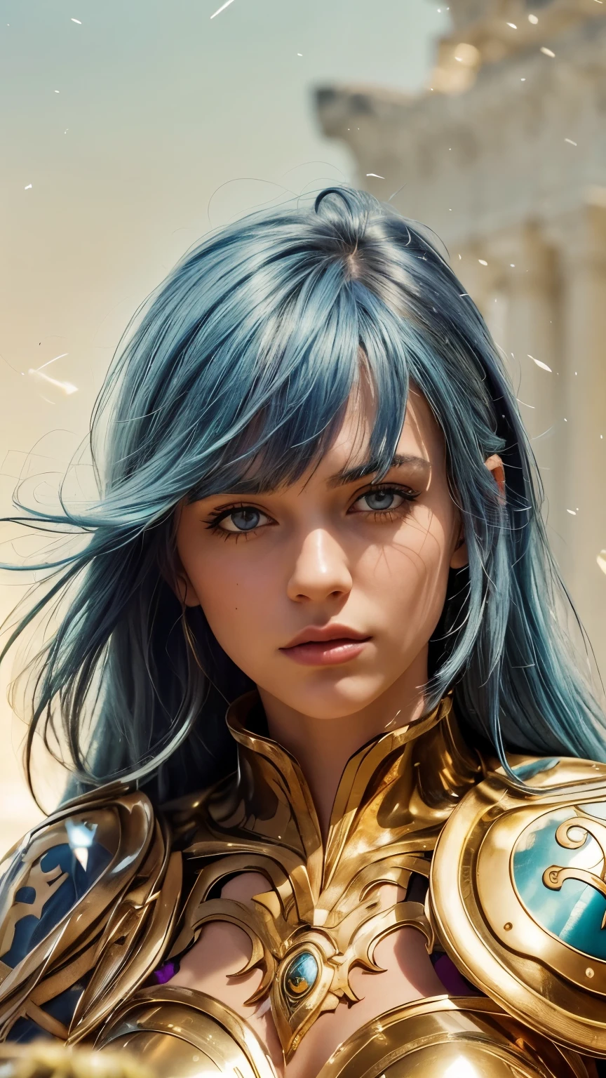 Masterpiece. Half-body portrait. She is the Taurus Knights of Zodiac warrior. A beautiful young woman (1 girl) about 20 years old. powerful look. Imposing appearance. Long light blue hair, straight hair, ((messy)) hair, ((hair bangs)). (Bangs). hair blowing in the air. Ice Cristals light emerging for her right hand. ((big purple eyes)). Delicate lips, delicate nose. Delicate face. warrior clothes. Golden full medieval armor. Turquoise corselet and purple tide pants. Leather boots. Greek temples ruins background at night, with a starry sky. Multicolor aura around her.