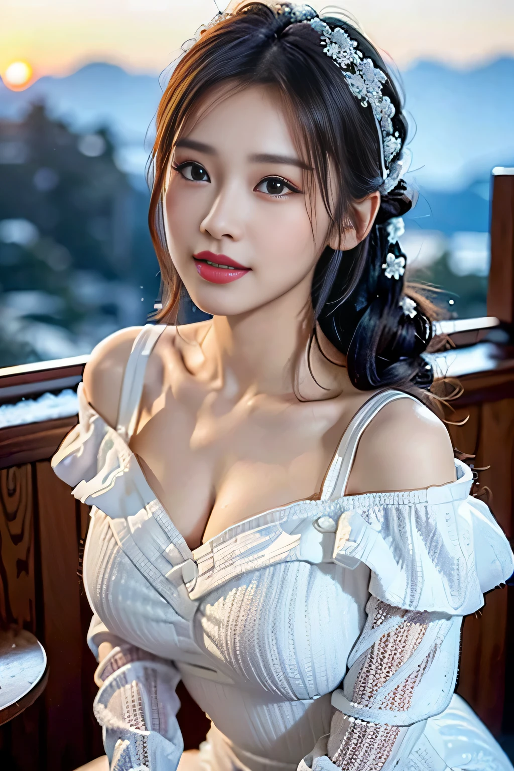 (Make your subject look three-dimensional with the contrast of light and shadow),(((With the sunset in the background))),(((Winter snowy mountain climbing scenery:1.3))),cute and beautiful adult woman,cute round face,cute smile,with blushing cheeks,red lips,(((Off-white off-shoulder knit tight dress:1.3))),black stockings,Knee-high boots,(silvery hair,floral braided headband,half up、floral braided space bun,voluminous fishtail braid,Twisted pan,),(The bangs are see-through bangs),hairpin,hair ornaments,(((emphasize the chest:1.3))),Breast flick,Detailed clothing characteristics,Detailed characteristics of hair,detailed facial features,(dynamic angle),(dynamic and sexy pose),professional lighting,cinematic light,(table top,highest quality,Ultra high resolution output image,) ,(8K quality,Depth of the bounds written,Anatomically accurate facial structure,),(sea art 2 mode:1.3),(Image mode Ultra HD,),(3D Realistic Photography:1.3)