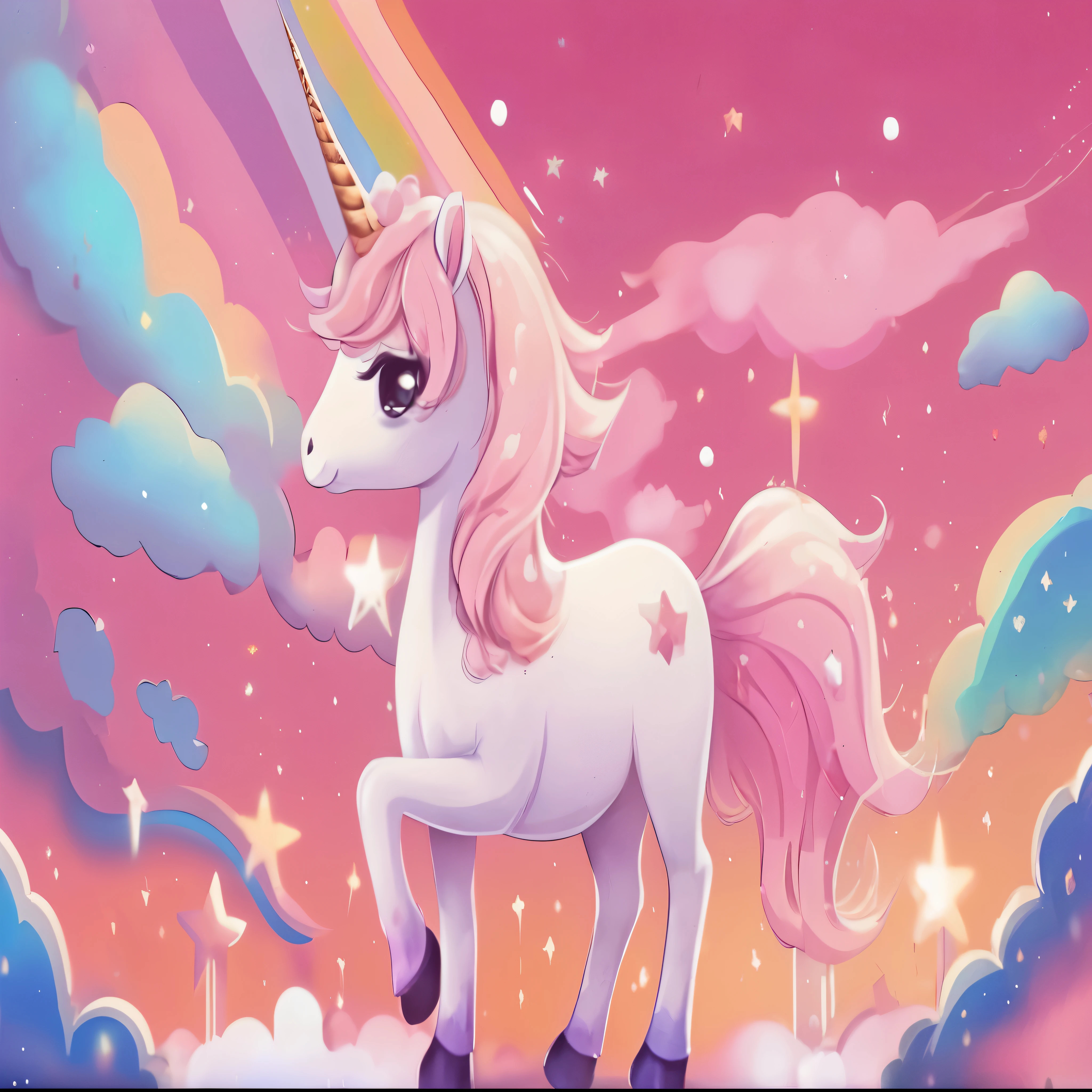 Der Gesamtton ist rosa,A sweet unicorn,regenbogenfarben,Die Sterne,Wolken,Rosa,Cartoon-Stil, Klarer Hintergrund