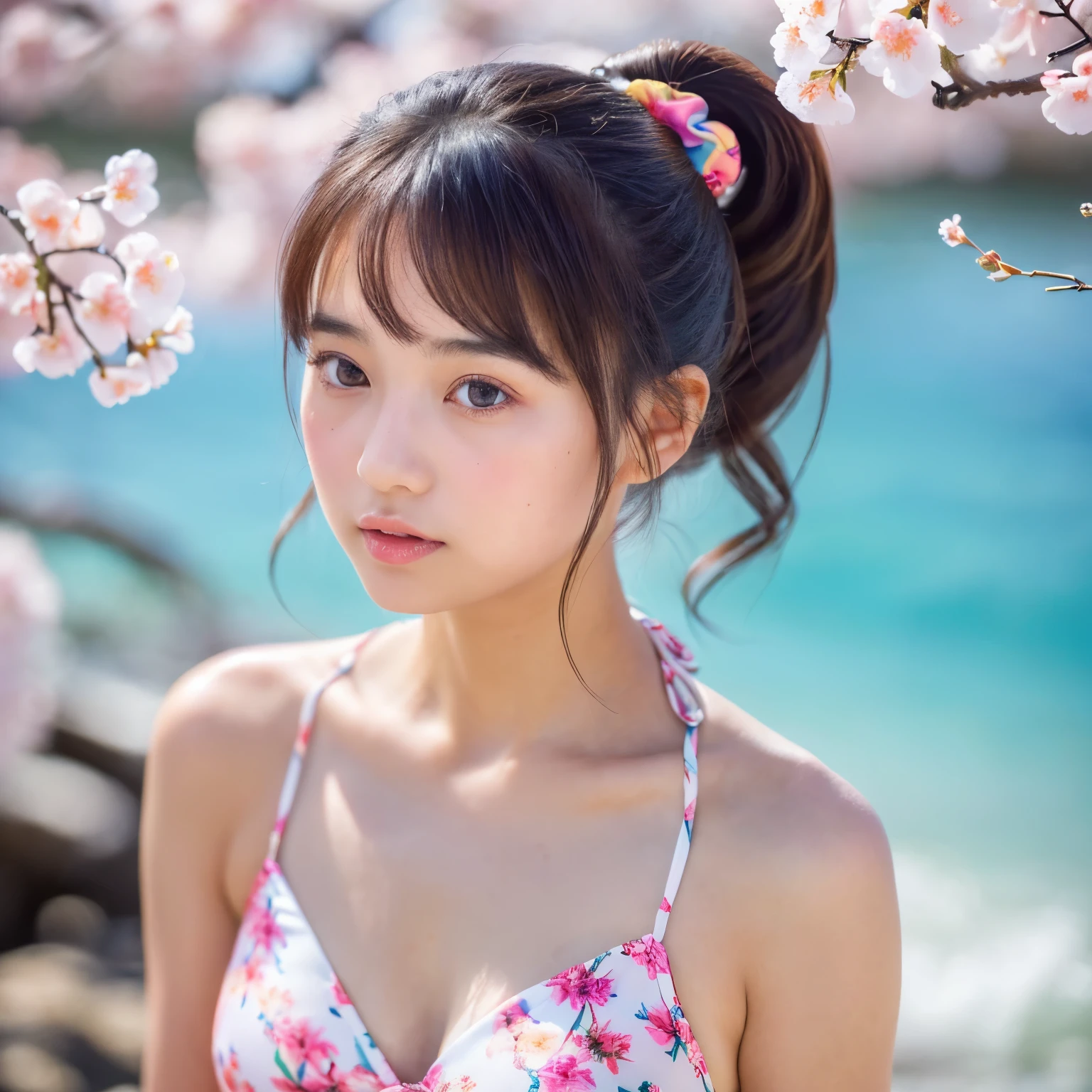 ((8k, best quality, masterpiece, ultra highres, ultra-detailed:1.2) , Photo of Pretty Japanese girl
, (18 years old:1.1), Japanese idol、Bust 75 cm、A cup、micro bikini、cherry blossom pattern,Ocean、beach、ponytail、Scrunchie、