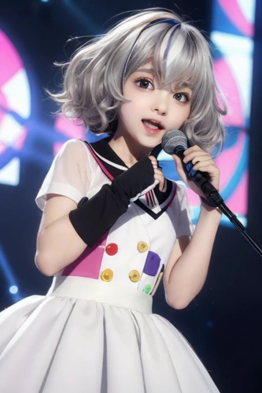 Smile, Junon Bee, multicolored skin, seam, patchwork skin,Patchwork_skin, zombie, Junon Bee 1 Girl, Solo, microphone, gloves, Idol, white_gloves, Skirt, Short_sleeves, Holding_microphone, Rain, Holding, Open_Mouth, up looking_in_viewer, bow ribbon, neck tie, pleats_Skirt, Shirt, puffies_Short_sleeves, puffies_sleeves, Black_Background, blush, cowboys_shot, greys_Skirt, Singing, outstretched_arms are, Dress, It features a simple_Background, white_Skirt, Standing, Collared_Shirt, Music, from a_Side, Jacket, foreshortening, Reaching_towards_viewer, greys_neck tie, white_Shirt, Upper body_Body, Miniskirt, Blurry, Idol_Clothes, :o