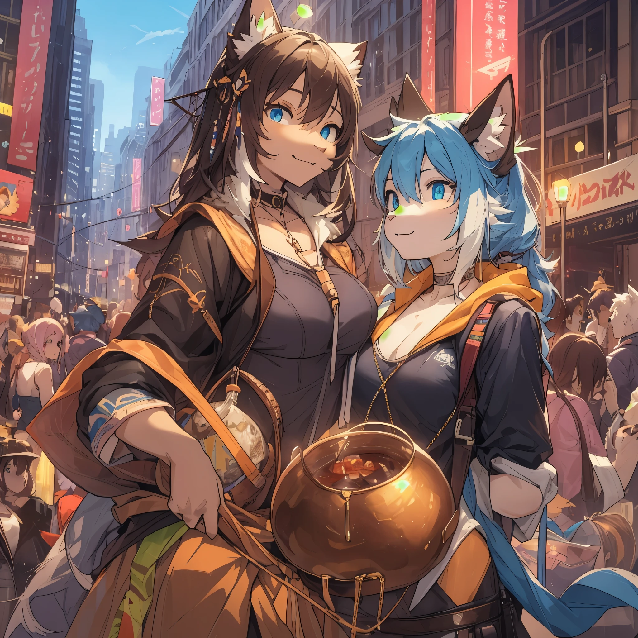 top quality, best quality, High-quality illustrations, masterpiece, super high resolution, detailed background, Crowded cityscape, 6+girls, group shot, festival, absurdres(highly detailed beautiful face and eyes)perfect anatomy(kemono)(furry anthro)selfie,