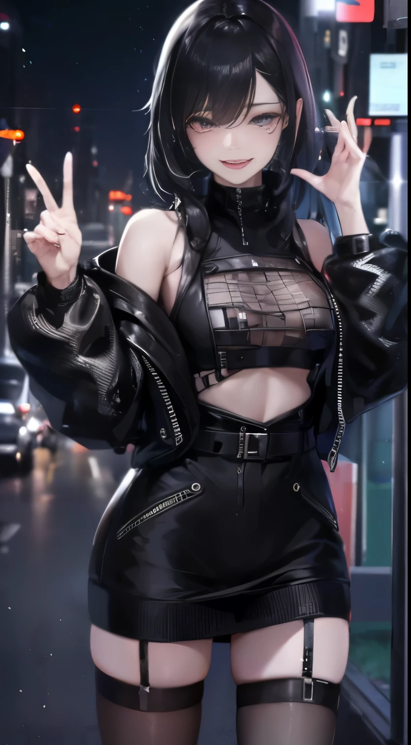 look at the camera,(((highest quality, 8k, masterpiece))), sharp focus, (beautiful woman with perfect figure), thin, (hairstyle: superior)), ((back alley at night)), street: 1.2 非常に詳細な顔と肌の質感詳細な目double eyelidランダムな姿勢, (smile), realistic face, double eyelid,smile, Cyberpunk City , at sunset , beautiful teeth , thigh strap, wear a leather jacket、off shoulder sweater、Gray vertically ribbed sweater dress、Fishnet tights、garter belt、night scenery、