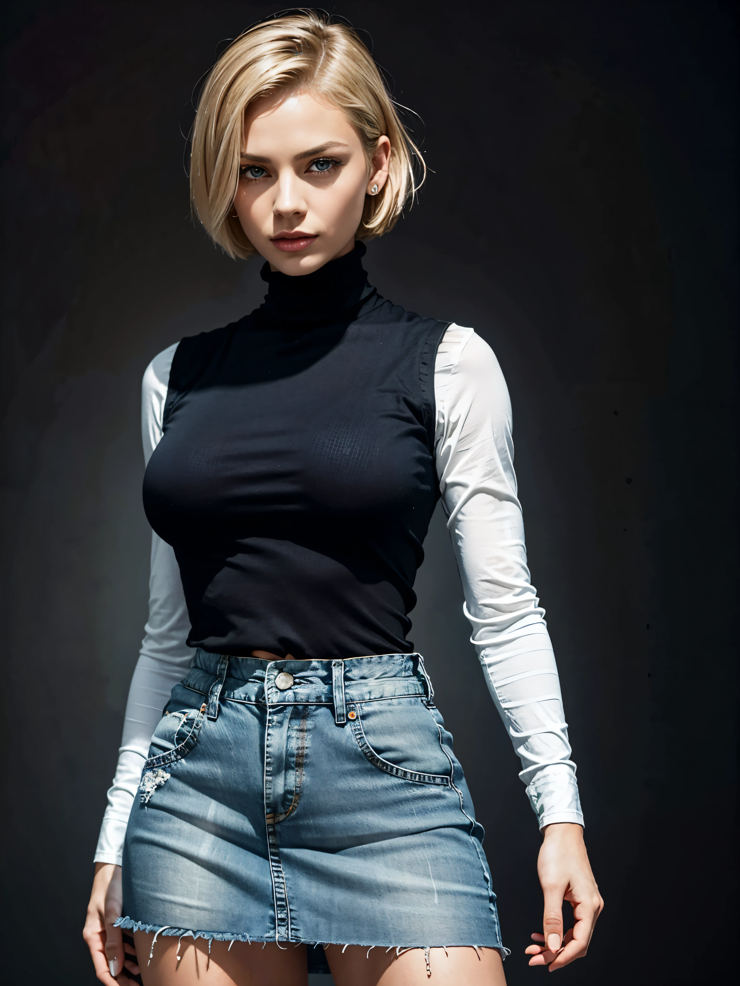 Generate a stunning image featuring Android 18, with her short Blonde hair, bobcut hairstyle, Blue eyes, eyeslashes, Jewelry, Denim Vest, open vest, Black pantyhose, ((Black turtleneck):1.1), jean skirt, Striped long sleeves, Blue skirt,hoop earings, Short hair, earring bring, black sock, ((Black shirt):1.1), breast pocket, cleavage, clavicle, ((Open Denim vest):1.1), ((Denim skirt):1.1), ((high waisted skirt):1.1), jewelry, Long sleeves, Pocket, shirt, shirt tucked in, Skirt, streaked, Striped sleeves, waistcoat. Ensure the depiction of her entire body in a dynamic pose, highlighting her attractive proportions and golden ratio face. Emphasize realistic details such as perfect blush, skin texture, eyes glow, and hair texture, accentuating her big eyes, clear double eyelids, long eyelashes, and visible ears. Employ a dynamic angle reminiscent of commercial photography styles, resembling Paolo Roversi's work, shot on a RED digital cinema camera with a desaturated grunge filter for added depth. Pay close attention to detail, ensuring photorealistic quality in maximum 16K resolution. Capture her in a bold and dreamy pose, with her gaze directed into the distance, while showcasing her flawless physique in full body, ((full body):1.5), including intricate details of her fingers, legs, and hands.
