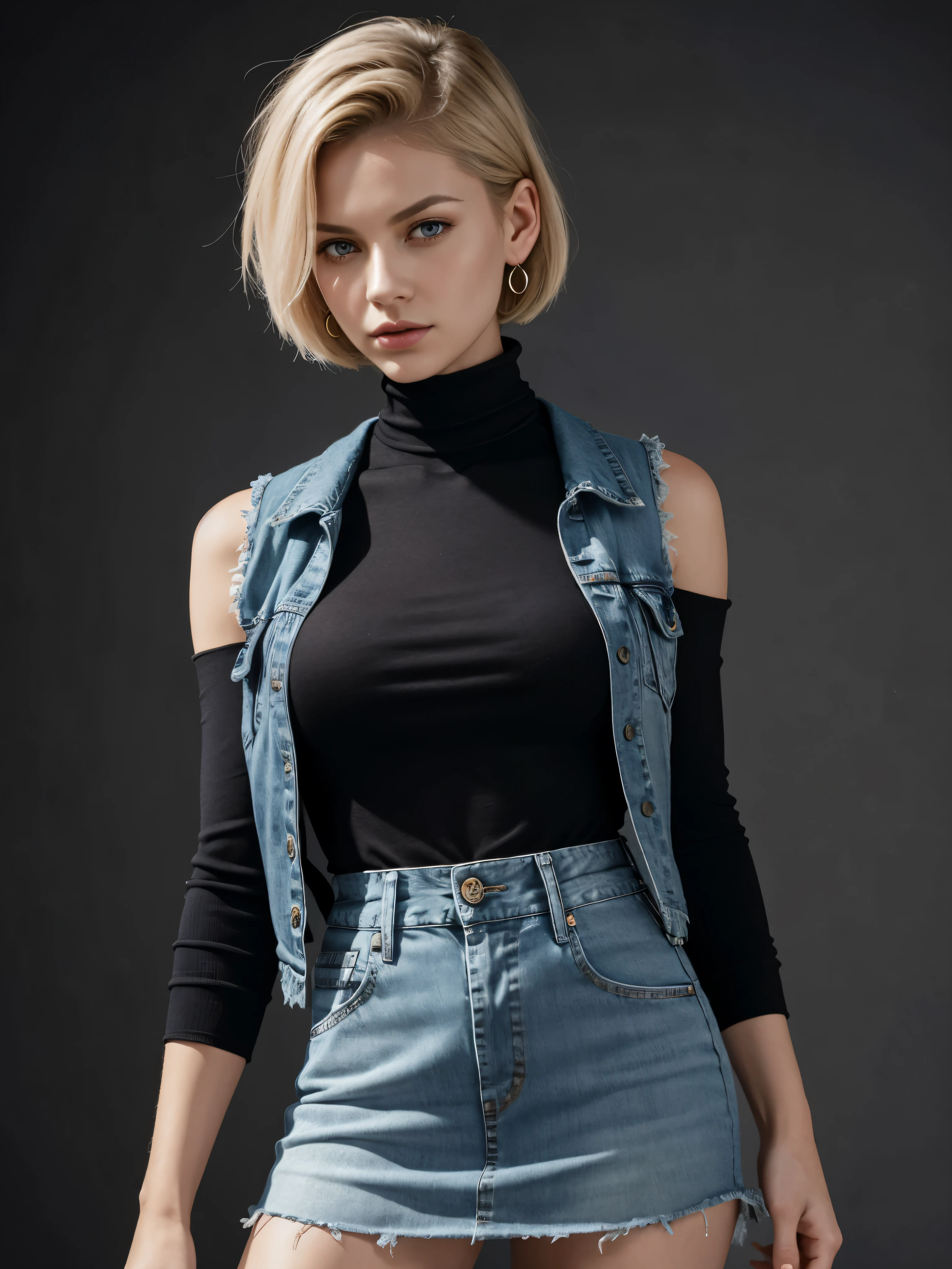 Generate a stunning image featuring Android 18, with her short Blonde hair, bobcut hairstyle, Blue eyes, eyeslashes, Jewelry, Denim Vest, open vest, Black pantyhose, ((Black turtleneck):1.1), jean skirt, Striped long sleeves, Blue skirt,hoop earings, Short hair, earring bring, black sock, ((Black shirt):1.1), breast pocket, cleavage, clavicle, ((Open Denim vest):1.1), ((Denim skirt):1.1), ((high waisted skirt):1.1), jewelry, Long sleeves, Pocket, shirt, shirt tucked in, Skirt, streaked, Striped sleeves, waistcoat. Ensure the depiction of her entire body in a dynamic pose, highlighting her attractive proportions and golden ratio face. Emphasize realistic details such as perfect blush, skin texture, eyes glow, and hair texture, accentuating her big eyes, clear double eyelids, long eyelashes, and visible ears. Employ a dynamic angle reminiscent of commercial photography styles, resembling Paolo Roversi's work, shot on a RED digital cinema camera with a desaturated grunge filter for added depth. Pay close attention to detail, ensuring photorealistic quality in maximum 16K resolution. Capture her in a bold and dreamy pose, with her gaze directed into the distance, while showcasing her flawless physique in full body, ((full body):1.5), including intricate details of her fingers, legs, and hands.