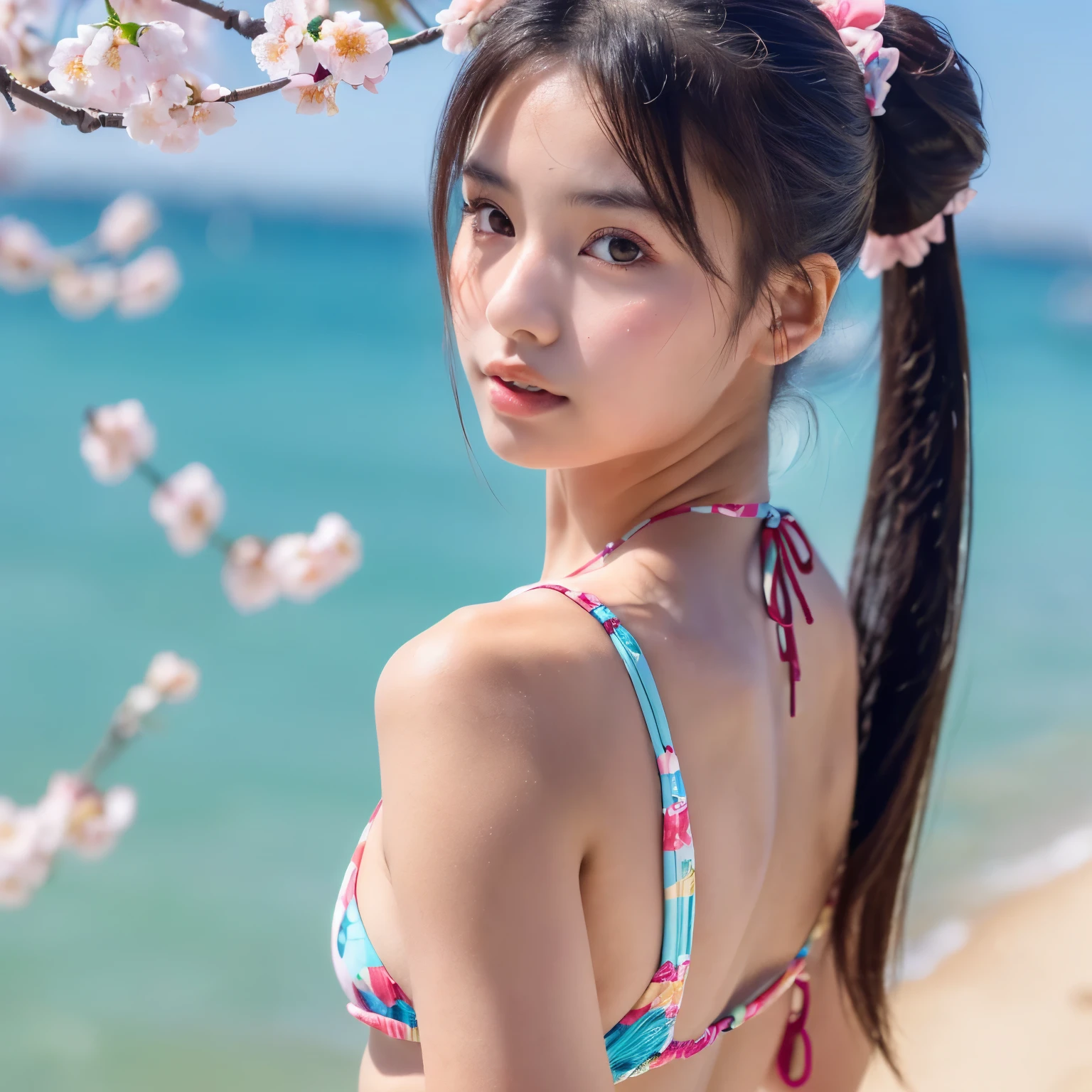 ((top-quality、Top image quality、超A high resolution))、((masterpiece))、18year old、独奏、((flat-chest: 1.3))、small tits、cute smile face、Young Pretty Idol、blondehair、poneyTail、childlike 、Ultra-detailed and realistic skin、Walking on the beach in summer、blue open sky、Pink Micro Bikini、Super detailed and beautiful face