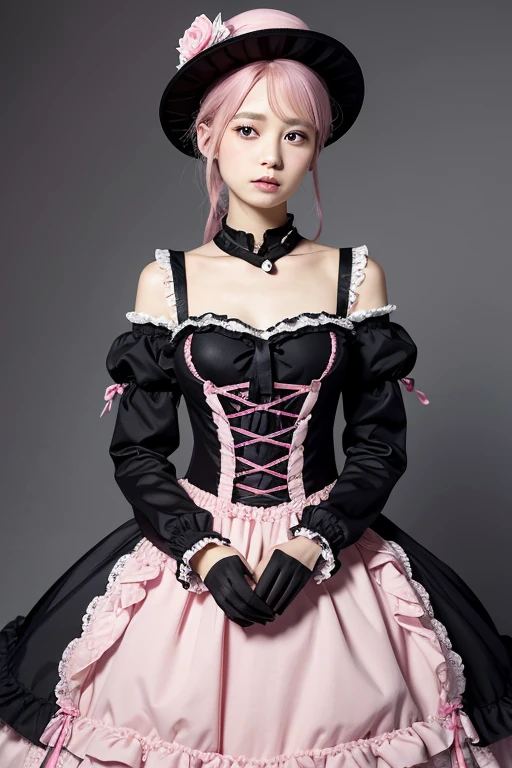 Arafe wearing a pink and black dress and hat, Takanobu Fujiwara(Takanobu Fujiwara)Digital rendering inspired by, pixiv, Rococo, Victoria Gothic lolita fashion, lolita style, Rococo女王 (Rococo女王) , Rococoドレス,  lolita fashion, one piece,lingerie