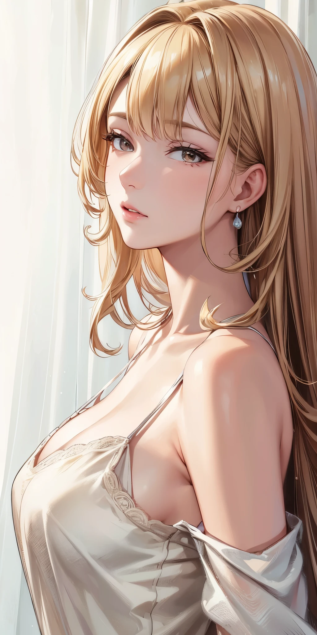 (best quality, highres), portrait, upper body, elegant, adult woman, brown eyes, long hair, swept-side bang, [[brown hair]], (blonde hair), broad shoulders, slip dress, cleavage, white curtain, ultra detailed cg 8k