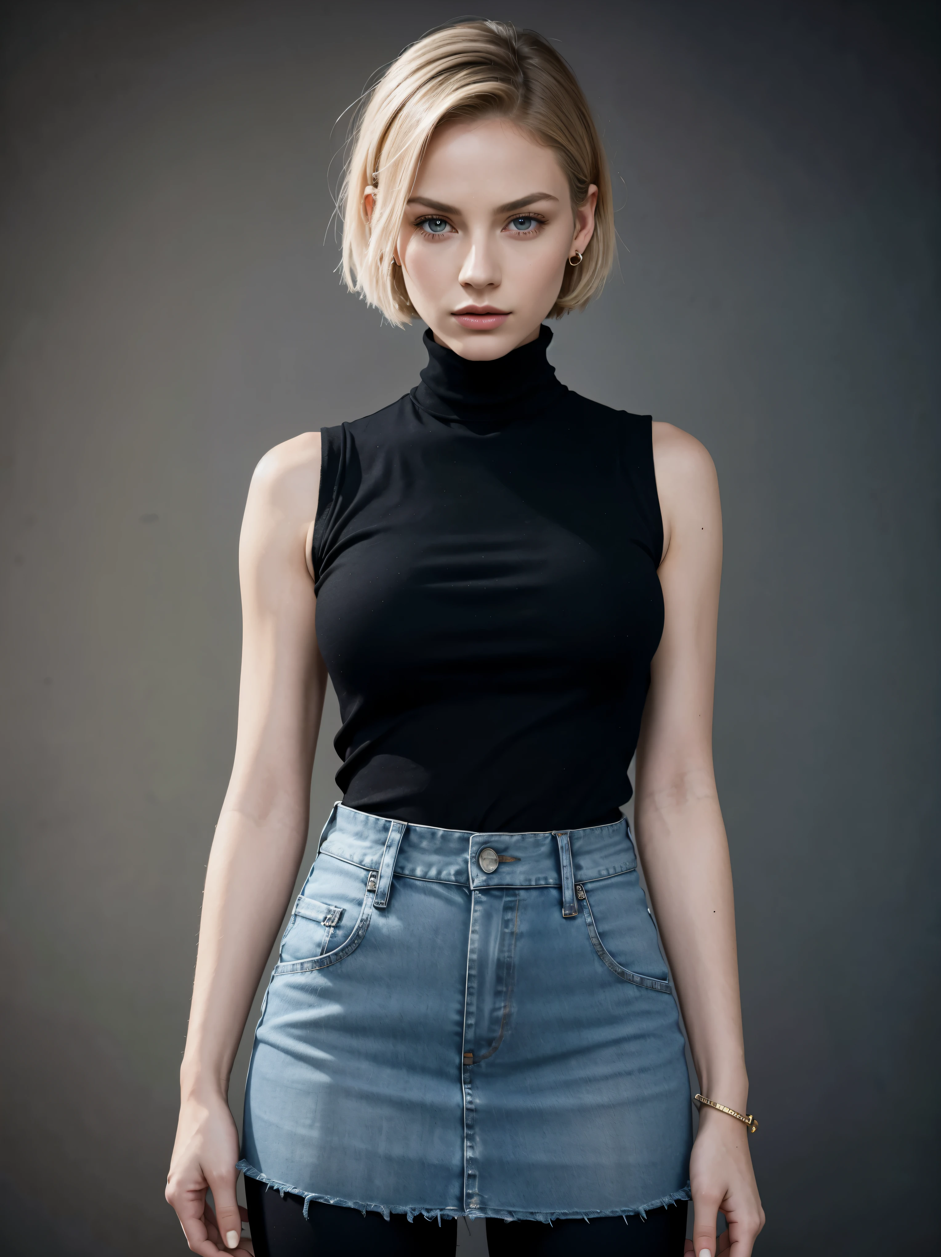Generate a stunning image featuring Android 18, with her short Blonde hair, bobcut hairstyle, Blue eyes, eyeslashes, Jewelry, Denim Vest, open vest, Black pantyhose, ((Black turtleneck):1.1), jean skirt, Striped long sleeves, Blue skirt,hoop earings, Short hair, earring bring, black sock, ((Black shirt):1.1), breast pocket, cleavage, clavicle, ((Open Denim vest):1.1), ((Denim skirt):1.1), ((high waisted skirt):1.1), jewelry, Long sleeves, Pocket, shirt, shirt tucked in, Skirt, streaked, Striped sleeves, waistcoat. Ensure the depiction of her entire body in a dynamic pose, highlighting her attractive proportions and golden ratio face. Emphasize realistic details such as perfect blush, skin texture, eyes glow, and hair texture, accentuating her big eyes, clear double eyelids, long eyelashes, and visible ears. Employ a dynamic angle reminiscent of commercial photography styles, resembling Paolo Roversi's work, shot on a RED digital cinema camera with a desaturated grunge filter for added depth. Pay close attention to detail, ensuring photorealistic quality in maximum 16K resolution. Capture her in a bold and dreamy pose, with her gaze directed into the distance, while showcasing her flawless physique in full body, ((full body):1.5), including intricate details of her fingers, legs, and hands.