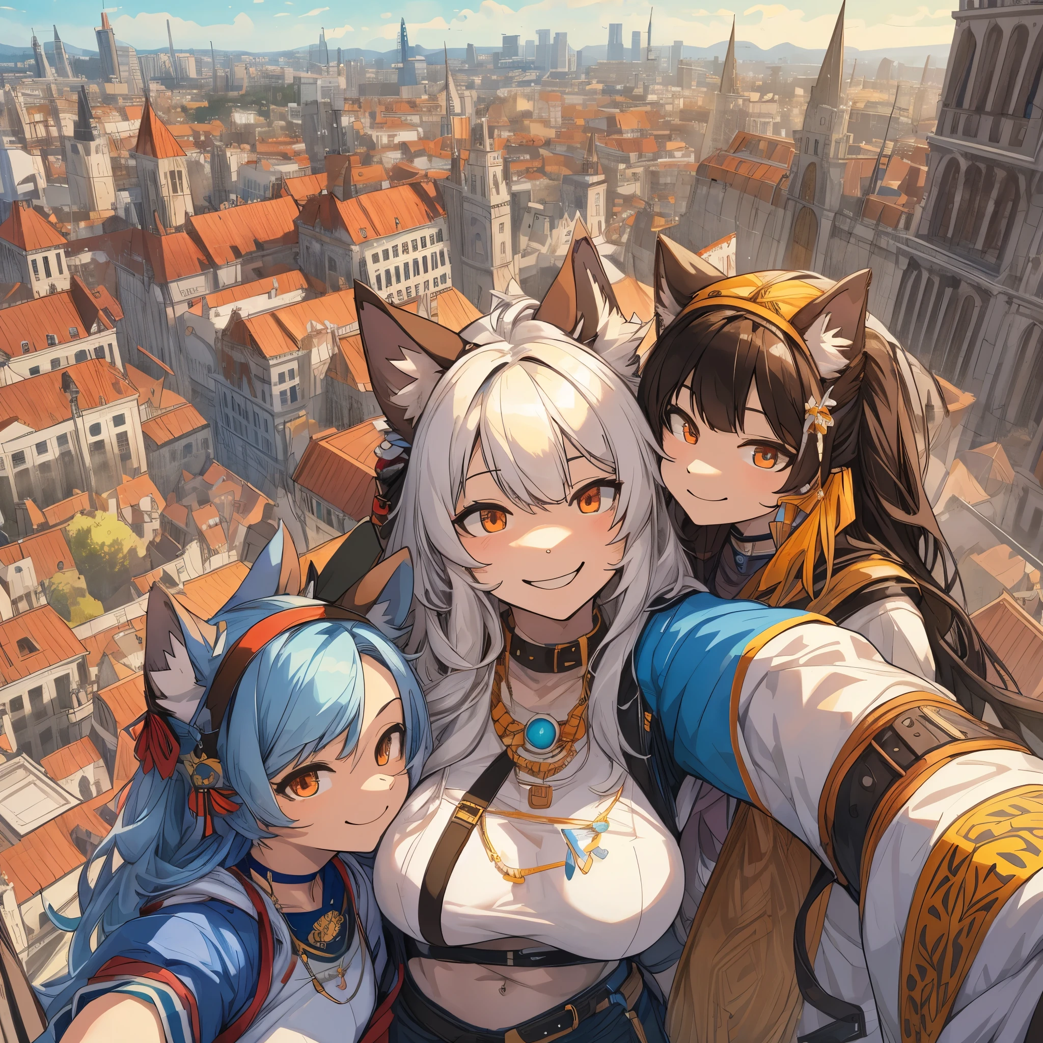top quality, best quality, High-quality illustrations, masterpiece, super high resolution, detailed background, Crowded cityscape, 6+girls, group shot, festival, absurdres, perfect anatomy(kemono)(furry anthro)happy, joyful, smile, selfie,