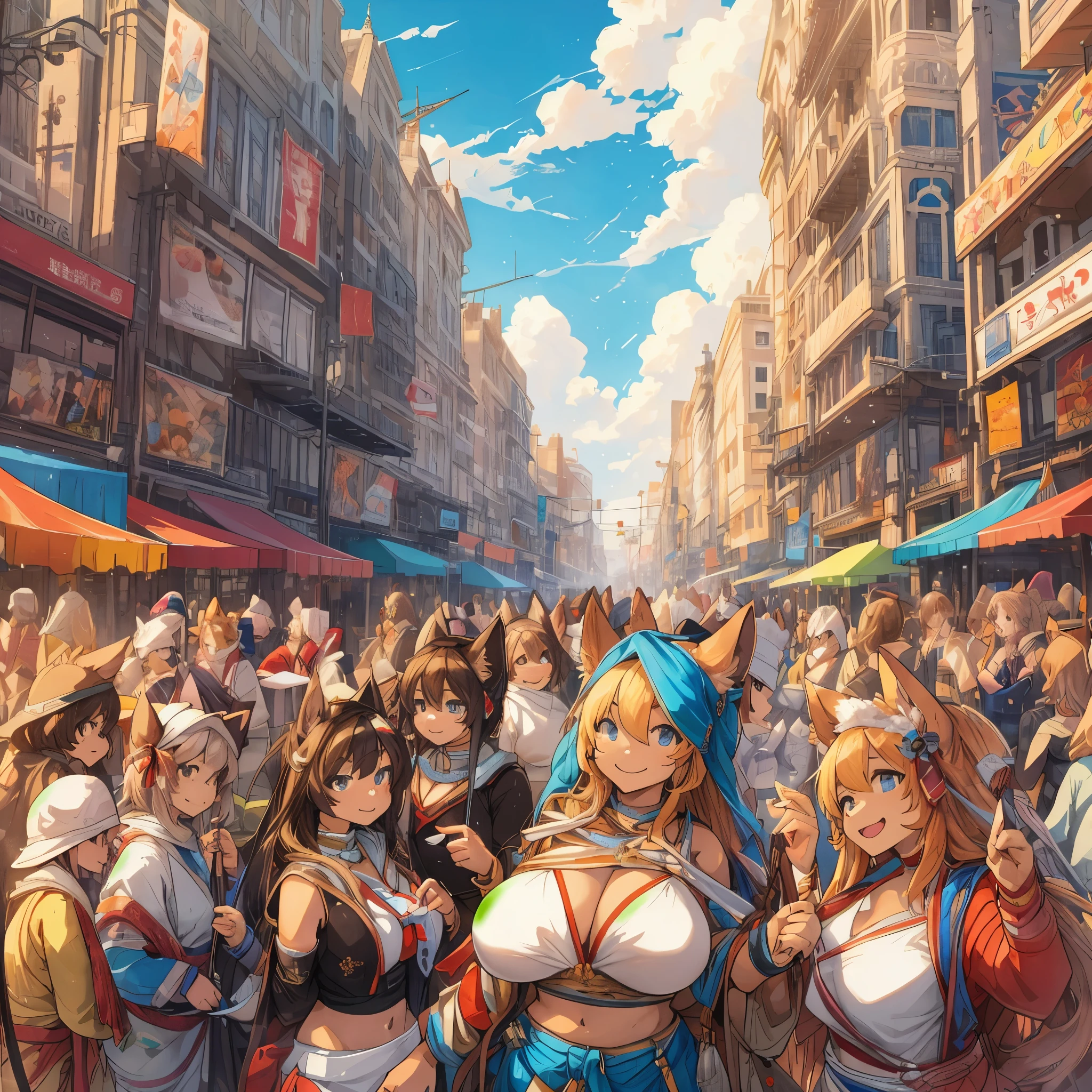 top quality, best quality, High-quality illustrations, masterpiece, super high resolution, detailed background, Crowded cityscape, 6+girls, group shot, festival, absurdres, perfect anatomy(kemono)(furry anthro)happy, joyful, smile, selfie,