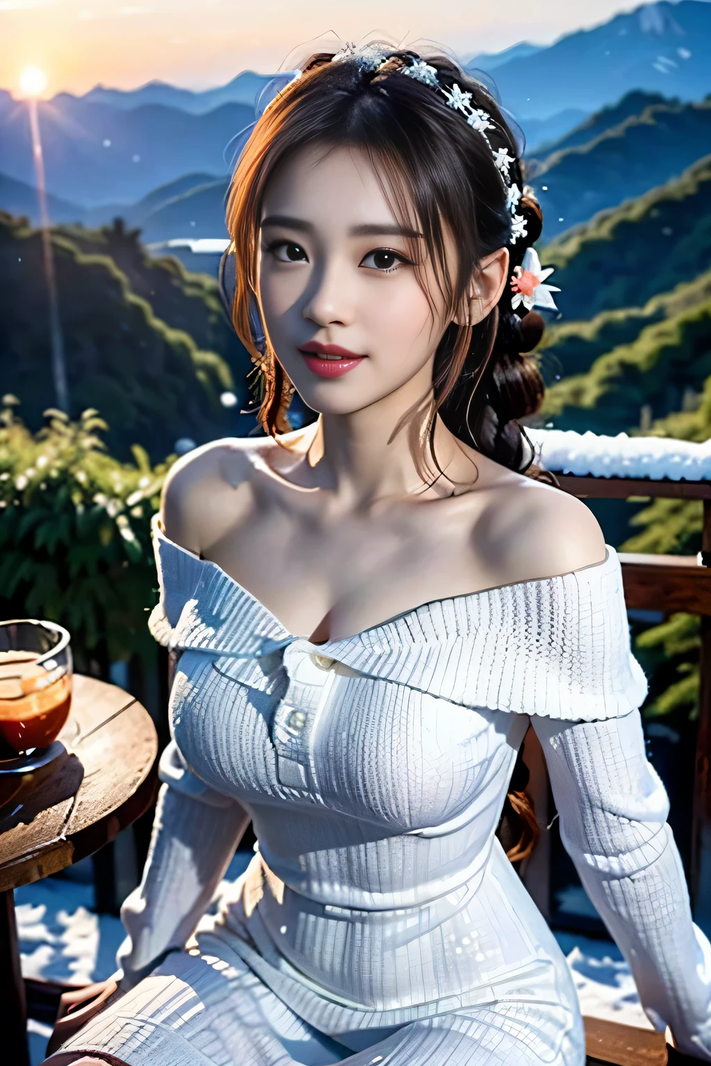(Make your subject look three-dimensional with the contrast of light and shadow),(((With the sunset in the background))),(((Winter snowy mountain climbing scenery:1.3))),cute and beautiful adult woman,cute round face,cute smile,with blushing cheeks,red lips,(((Off-white off-shoulder knit tight dress:1.3))),black stockings,Knee-high boots,(silvery hair,floral braided headband,half up、floral braided space bun,voluminous fishtail braid,Twisted pan,),(The bangs are see-through bangs),hairpin,hair ornaments,(((emphasize the chest:1.3))),Breast flick,Detailed clothing characteristics,Detailed characteristics of hair,detailed facial features,(dynamic angle),(dynamic and sexy pose),professional lighting,cinematic light,(table top,highest quality,Ultra high resolution output image,) ,(8K quality,Depth of the bounds written,Anatomically accurate facial structure,),(sea art 2 mode:1.3),(Image mode Ultra HD,),(3D Realistic Photography:1.3)