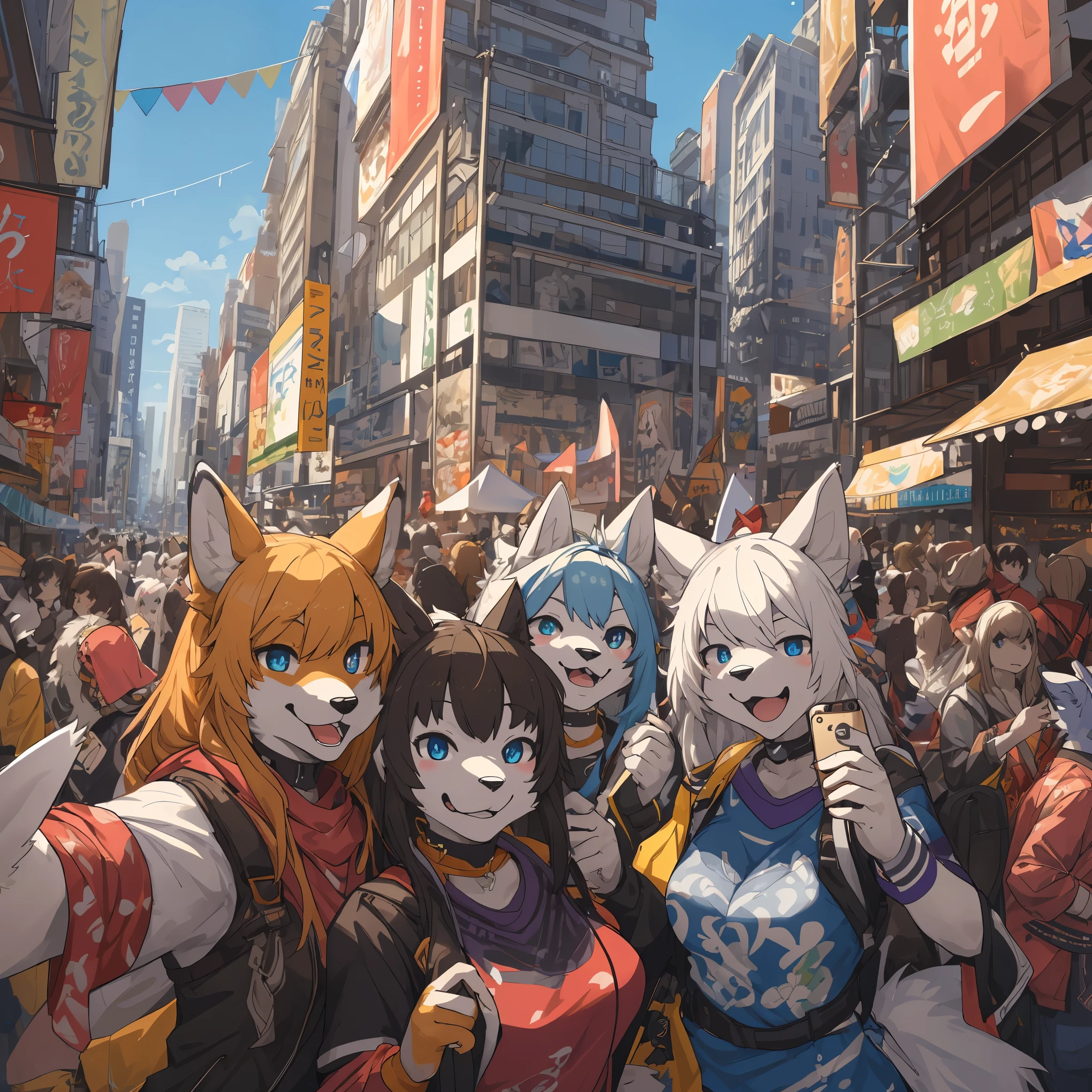 top quality, best quality, High-quality illustrations, masterpiece, super high resolution, detailed background, Crowded cityscape, 6+girls, group shot, festival, absurdres(highly detailed beautiful face and eyes)perfect anatomy(kemono)(furry anthro)selfie,