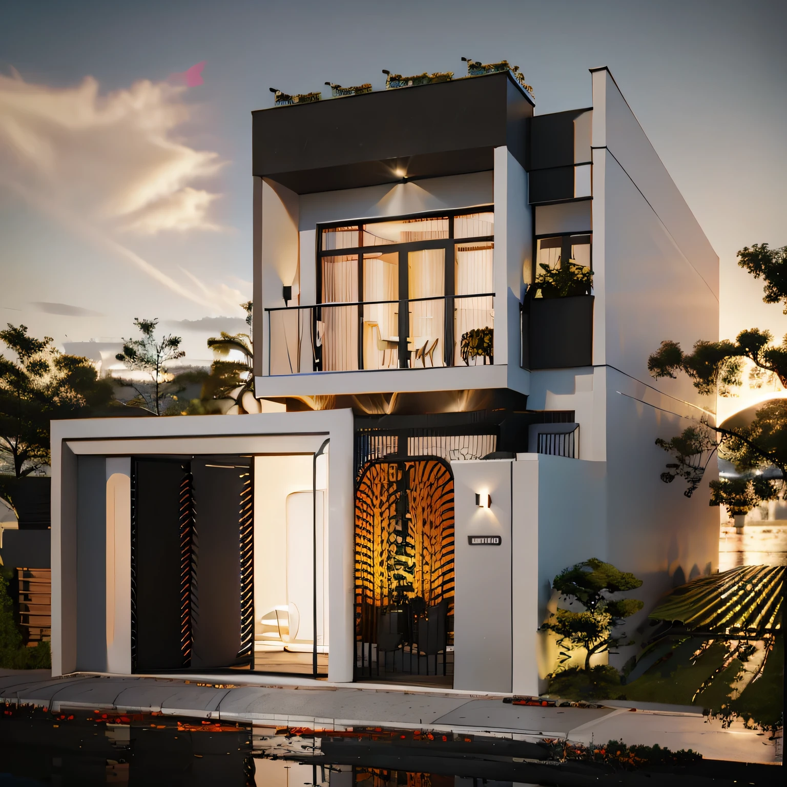 a rendering of a modern house with a garage and a balcony, complete house, concept house, detailed rendering, residential design, exterior design, in style of simplified realism, realistic concept, comprehensive 2 d render, 3 d rendering, 3d rendering, frontview, 3/4 view realistic, front perspective, rendering, with 3d render, front elevation view