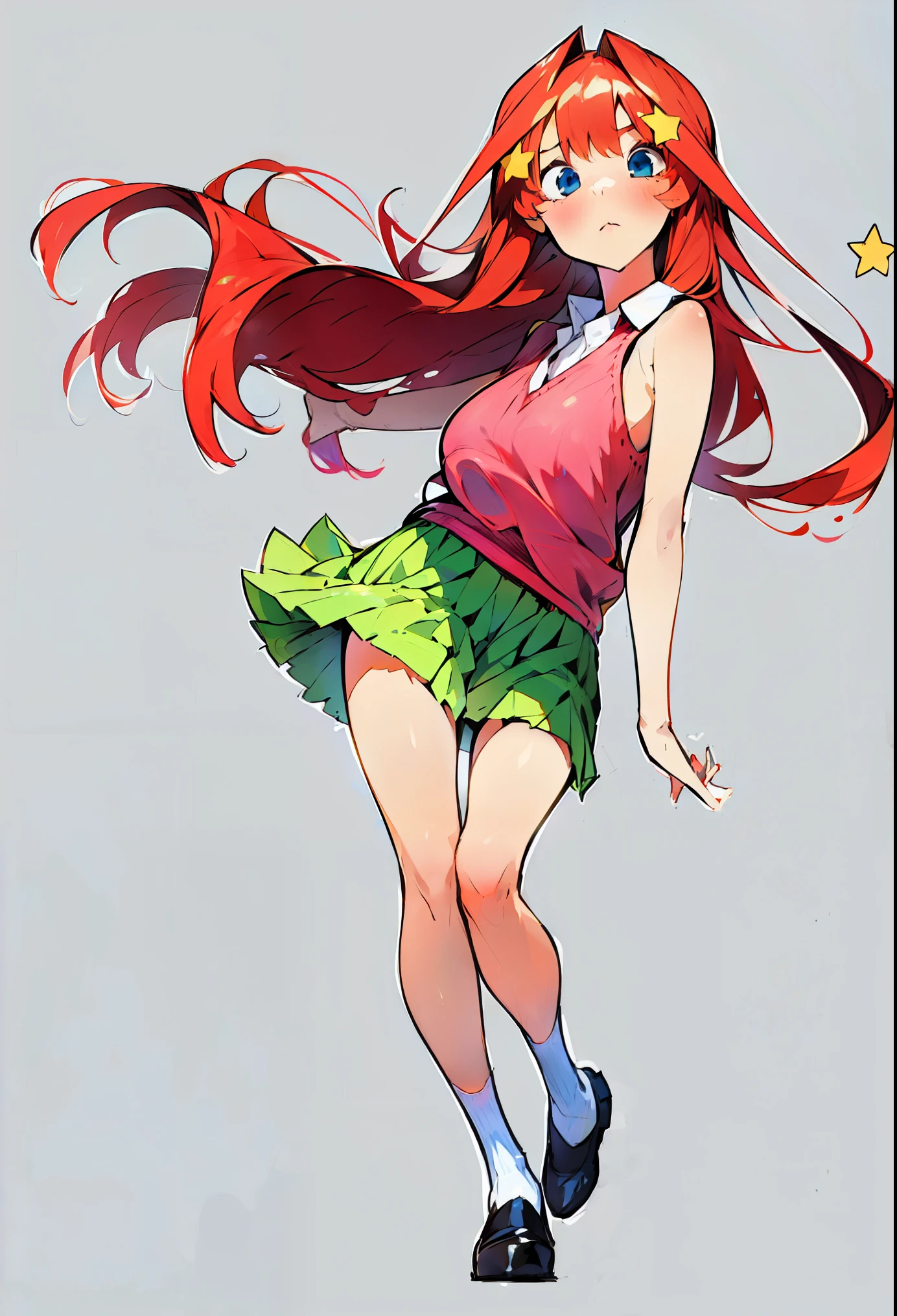 (1 girl, solo) itsuki Nakano, long fluffy red hair, 5 point star hairclips, collared white shirt, green pleated skirt, pink red sleeveless sweater, dynamic pose, interesting pose, expressive face, full body, cute, lovely, minimal background