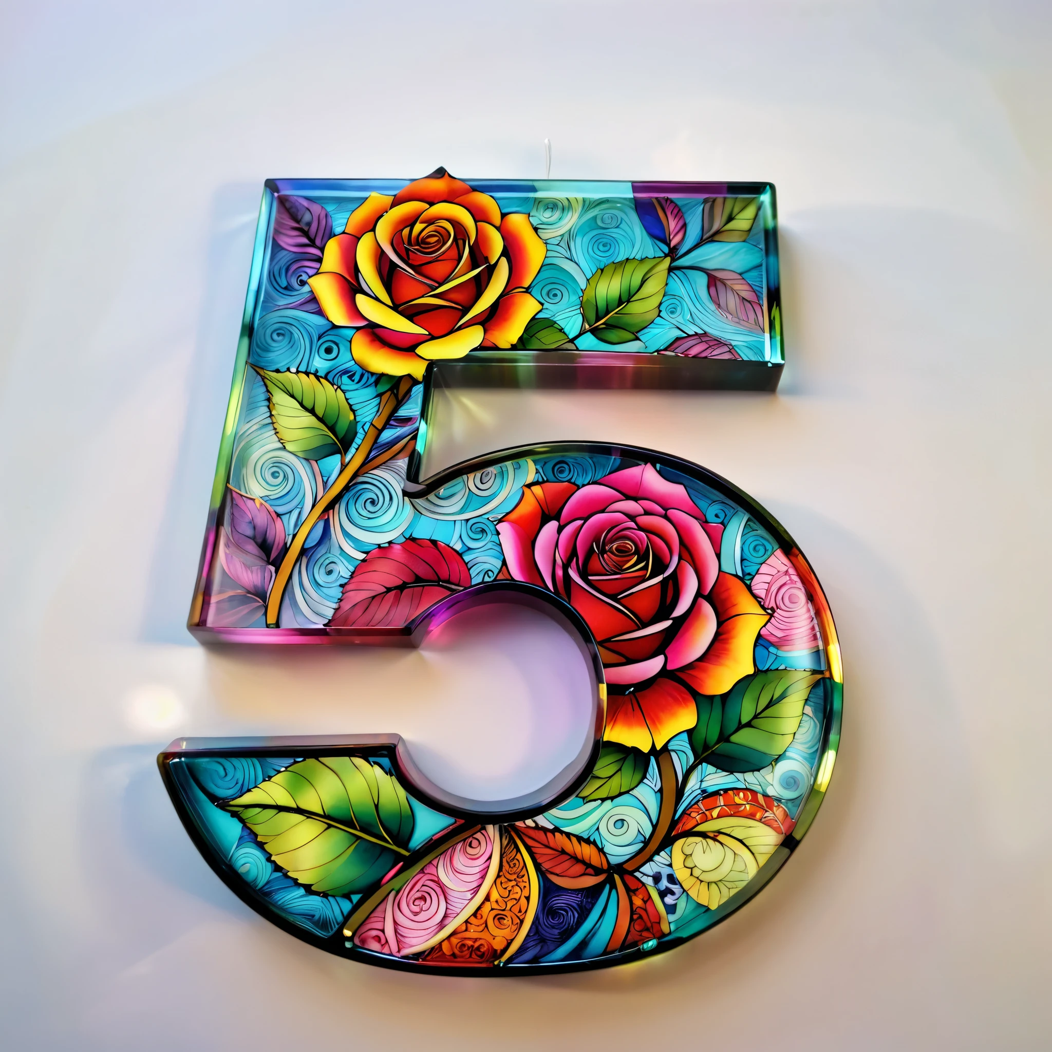 number art,Transparency Glass number five,(colorful rose),Chinese color,Very colorful,zentangle, geomerty