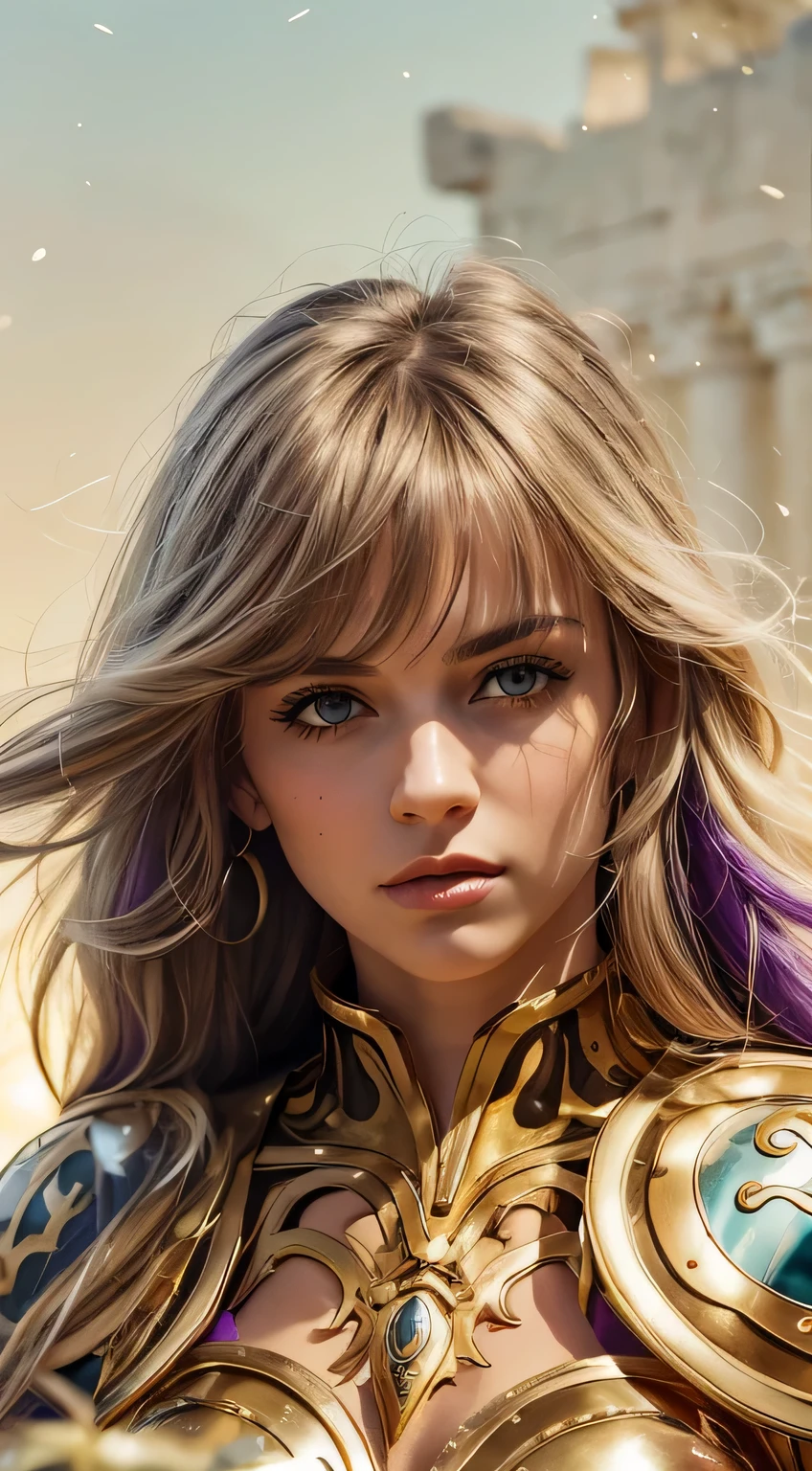 Masterpiece. Half-body portrait. She is the Taurus Knights of Zodiac warrior. A beautiful young woman (1 girl) about 20 years old. powerful look. Imposing appearance. Long light blonde hair, straight hair, ((messy)) hair, ((hair bangs)). (Bangs). hair blowing in the air. Ice Cristals light emerging for her right hand. ((big purple eyes)). Delicate lips, delicate nose. Delicate face. warrior clothes. Golden full medieval armor. Turquoise corselet and purple tide pants. Leather boots. Greek temples ruins background at night, with a starry sky. Multicolor aura around her.