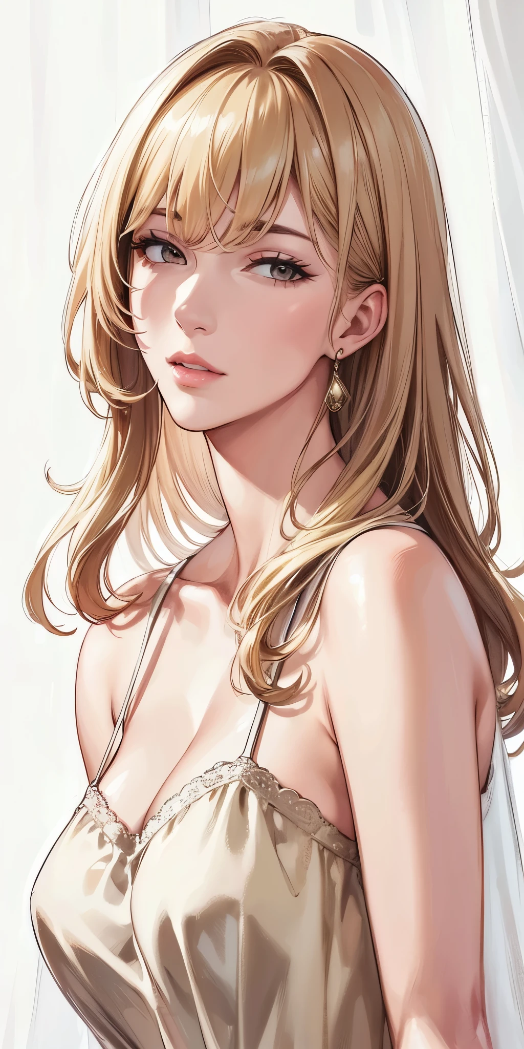 (best quality, highres), portrait, upper body, elegant, adult woman, brown eyes, long hair, swept-side bang, [[brown hair]], (blonde hair), broad shoulders, slip dress, cleavage, white curtain, ultra detailed cg 8k