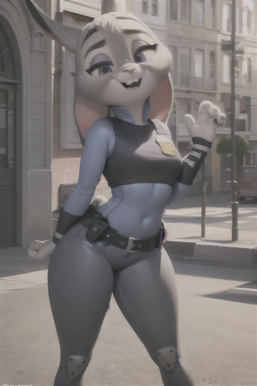 orejas hacia abajo, (Mejor calidad, Obra maestra:1), peluda hembra antro judyhopps, retrato, uniforme de policia, uniforme completo, cola de conejo, police belt, police badge, pantalones azules, sonrisa, ojos morados, pelaje del cuerpo, ojos medio cerrados, (fondo urbano detallado de la ciudad:1.1), estilo pixar 3d, cuerpo completo, (caderas anchas:1.5), muslos gruesoostrando elntrasero:1.6), (trasero enorme:1.6)