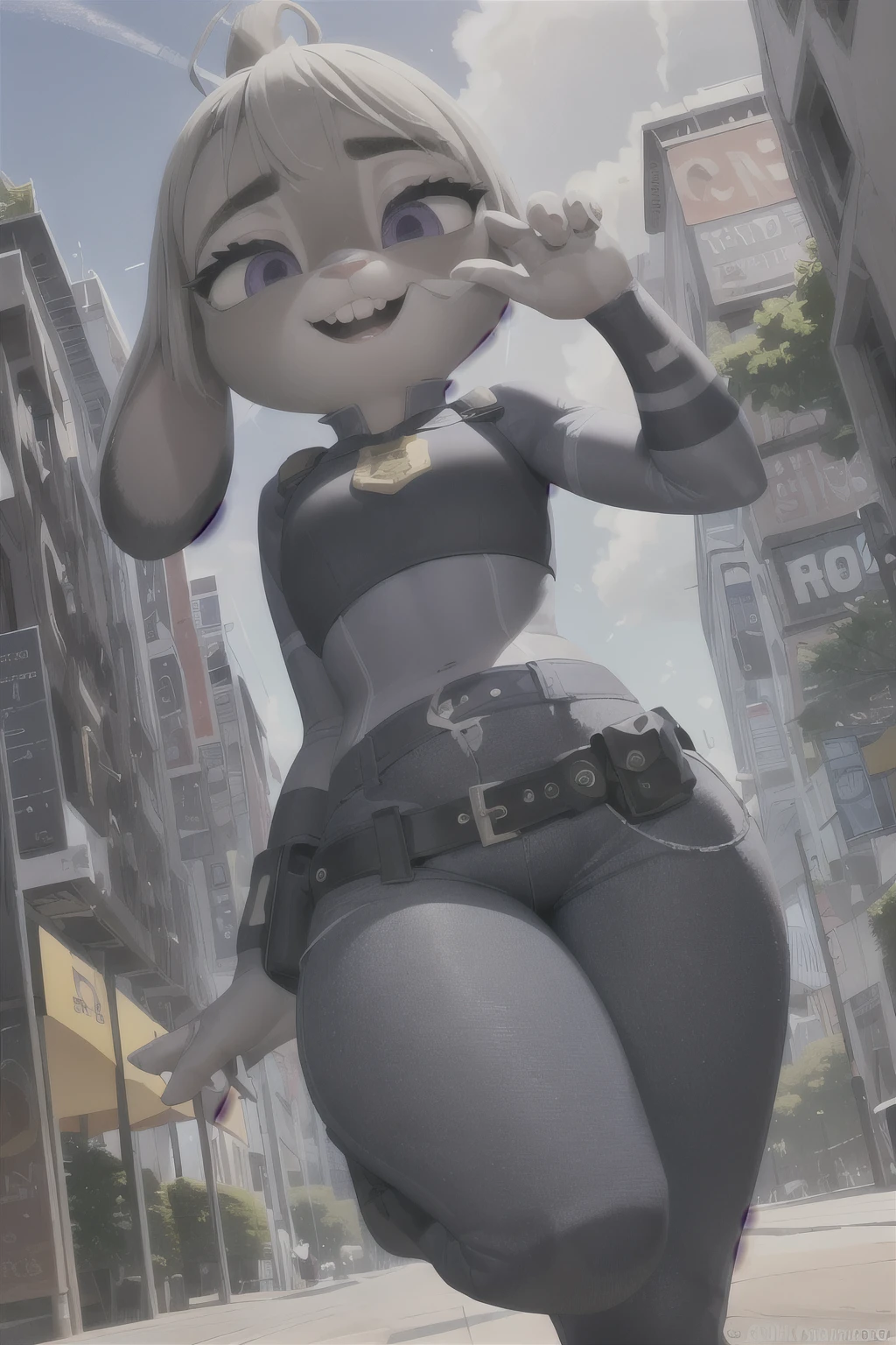 orejas hacia abajo, (Mejor calidad, Obra maestra:1), peluda hembra antro judyhopps, retrato, uniforme de policia, uniforme completo, cola de conejo, police belt, police badge, pantalones azules, sonrisa, ojos morados, pelaje del cuerpo, ojos medio cerrados, (fondo urbano detallado de la ciudad:1.1), estilo pixar 3d, cuerpo completo, (caderas anchas:1.5), muslos gruesoostrando elntrasero:1.6), (trasero enorme:1.6)