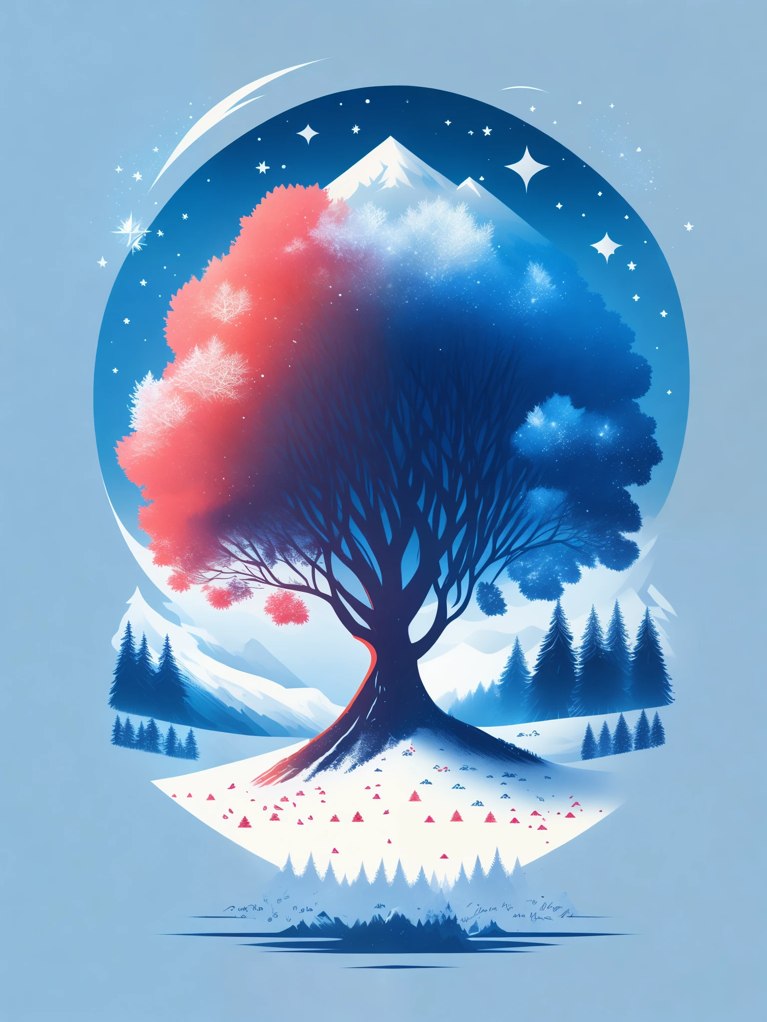 a spruice tree in a winter landscape, tshirt design, rzminjourney, vector-art