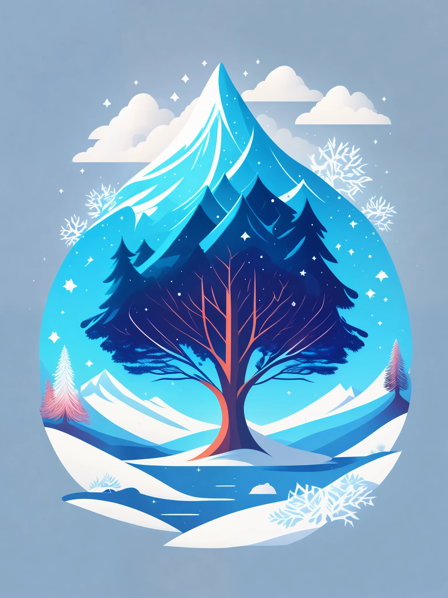 a spruice tree in a winter landscape, tshirt design, rzminjourney, vector-art