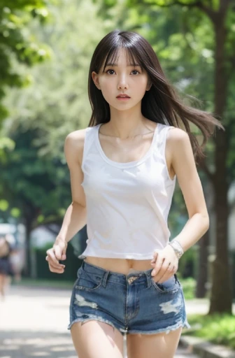 best quality, detailed, beautiful, insanely detailed, absurdres,perfect anatomy,
Japanese woman,black hair,27 years old,
(slender),
(small breasts),
serious look, running, looking ahead, spiked hair, white tank top, denim shorts, in the park, full body shot