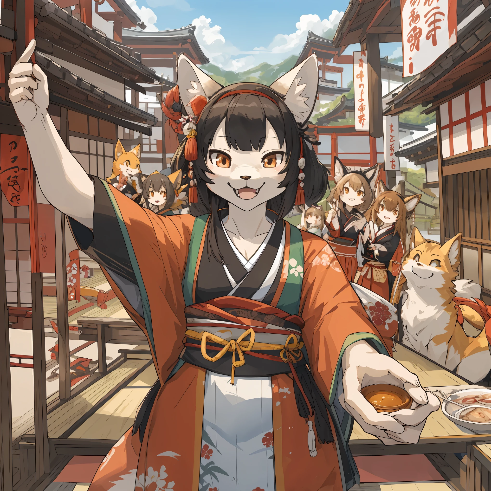 top quality, best quality, High-quality illustrations, masterpiece, super high resolution, detailed background, 6+girls, japanese festival, absurdres, perfect anatomy(kemono)(furry anthro)happy, selfie,