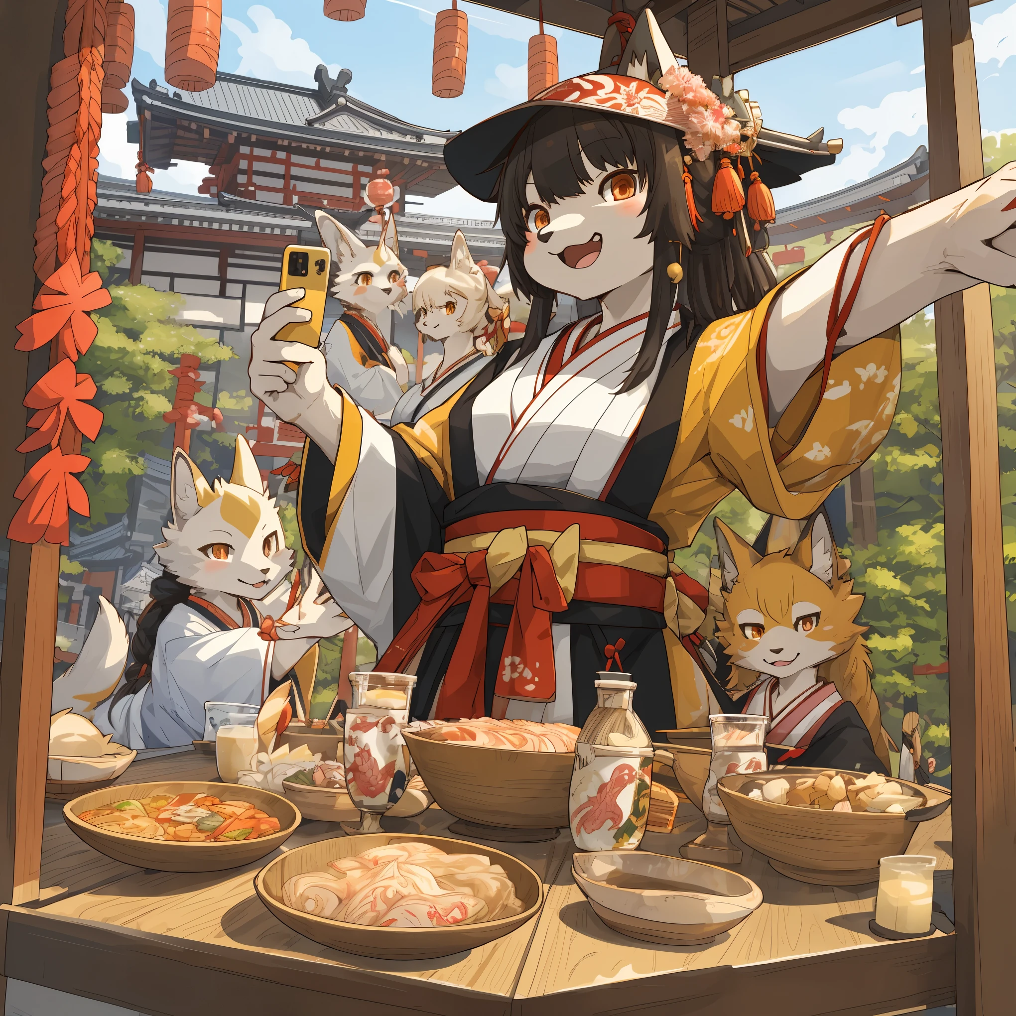 top quality, best quality, High-quality illustrations, masterpiece, super high resolution, detailed background, 6+girls, japanese festival, absurdres, perfect anatomy(kemono)(furry anthro)happy, selfie,