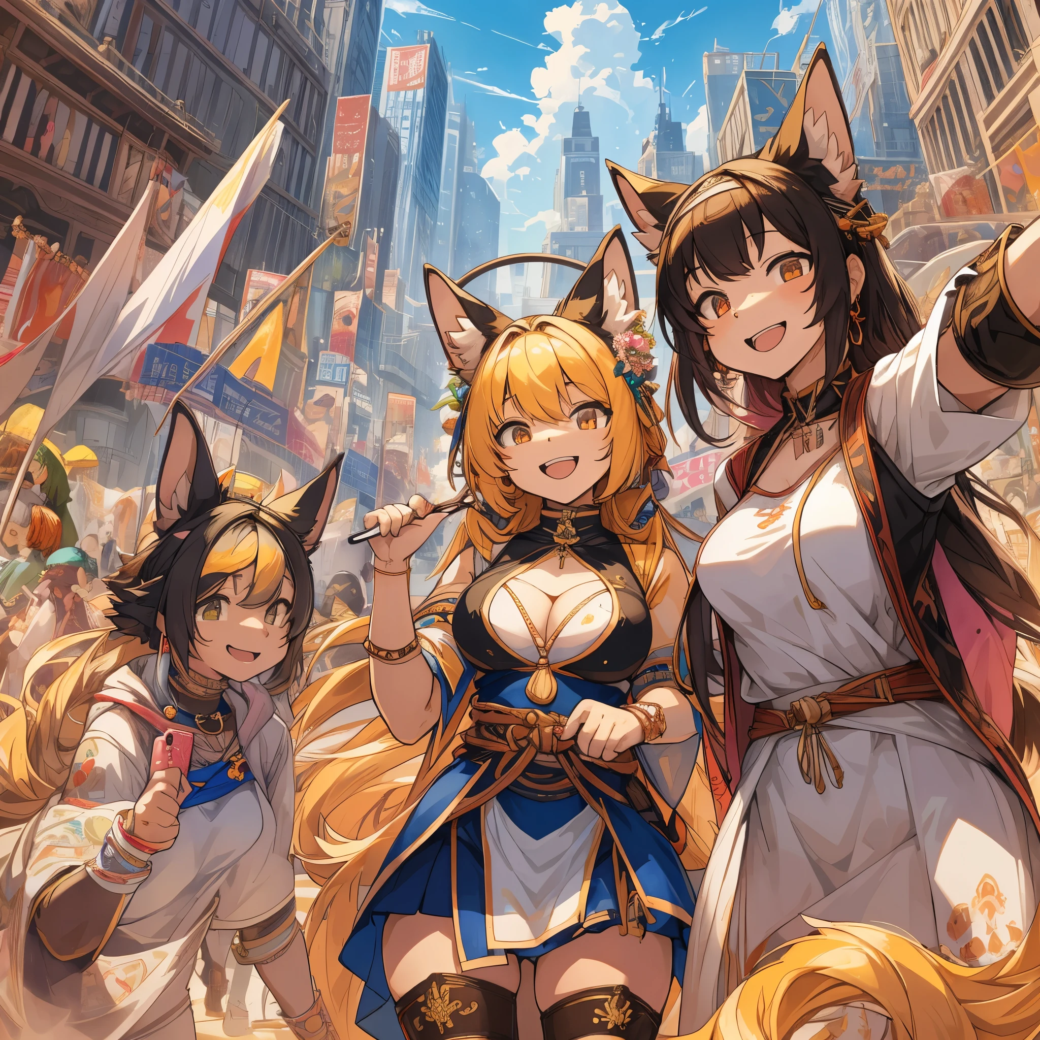 top quality, best quality, High-quality illustrations, masterpiece, super high resolution, detailed background, Crowded cityscape, 6+girls, group shot, festival, absurdres, perfect anatomy(kemono)(furry anthro)happy, joyful, smile, selfie,